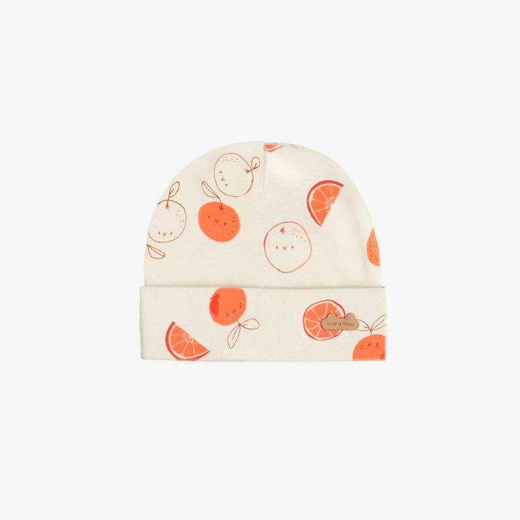 Bonnet crème avec motif d'oranges en tricot côtelé de coton biologique, naissance || Cream beanie with oranges print in ribbed knit organic cotton, newborn