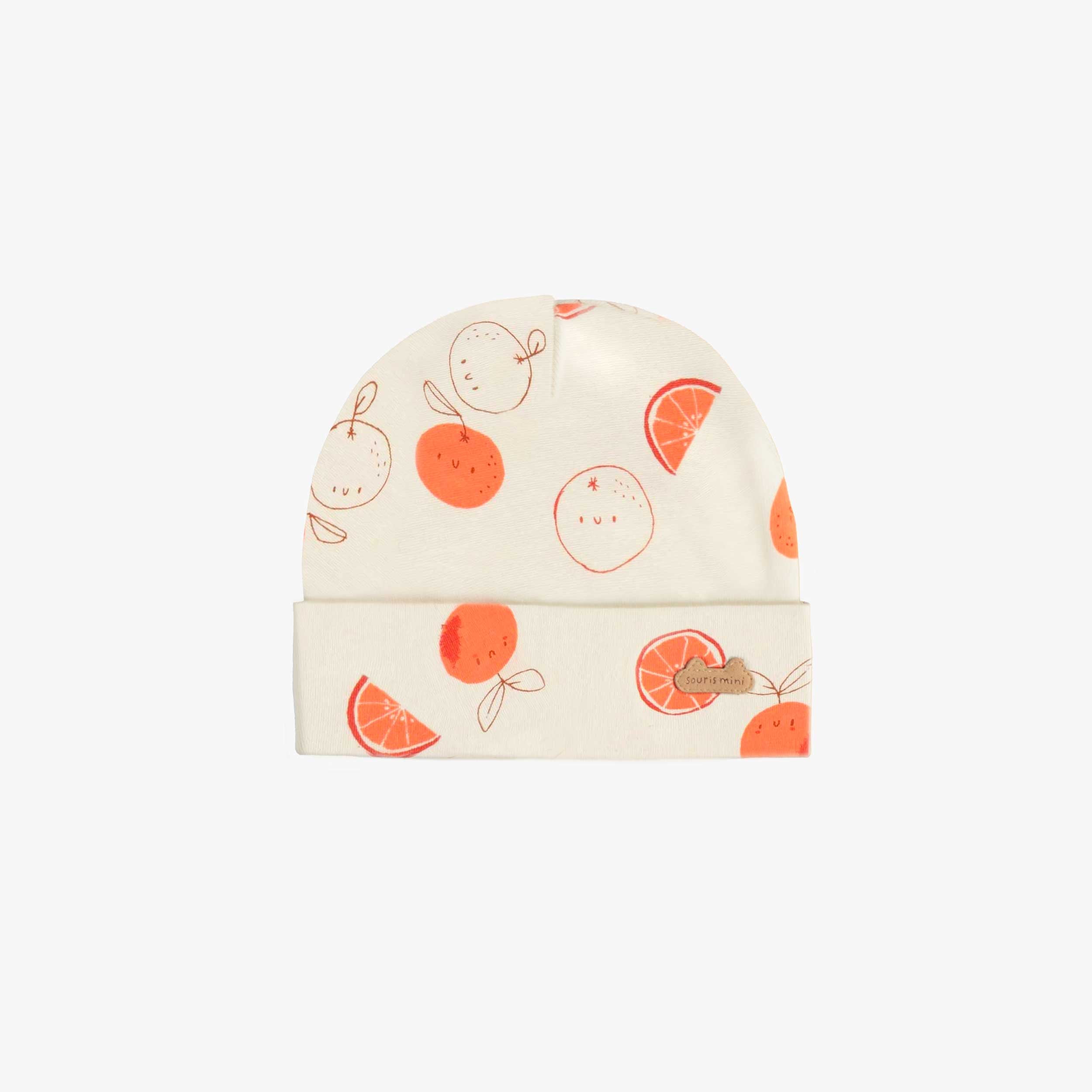 Cream beanie with oranges print in ribbed knit organic cotton, newborn