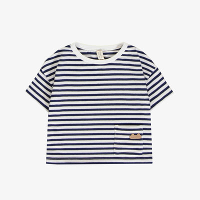 T-shirt à manches courtes marine et blanc à rayures en coton français, naissance || Navy and white striped short sleeves t-shirt in French terry, newborn