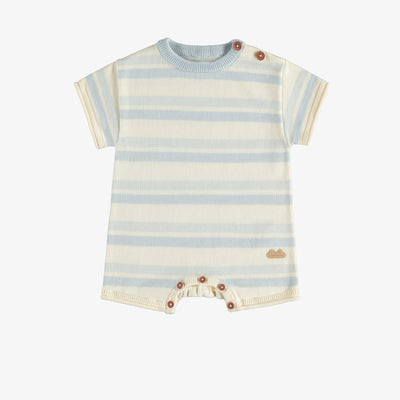 Une pièce de maille manches courtes à rayures bleu pâle et crème, naissance || Knitted one-piece with baby blue and cream stripes, newborn