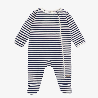 Pyjama une-pièce à manches longues marine et blanc à rayures, naissance || Navy and white striped one-piece long sleeved pajama, newborn