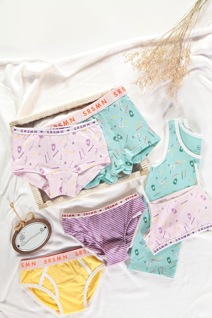 Culotte bikini mauve et crème à rayures en jersey, enfant || Purple and cream striped bikini panties with print in jersey, child
