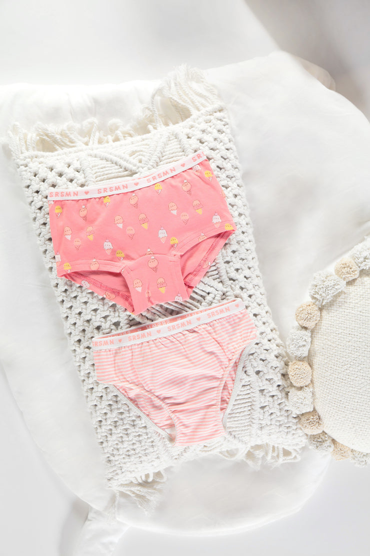 Culotte bikini pêche et crème à rayures en jersey, enfant || Peach and cream striped bikini panties with print in jersey, child