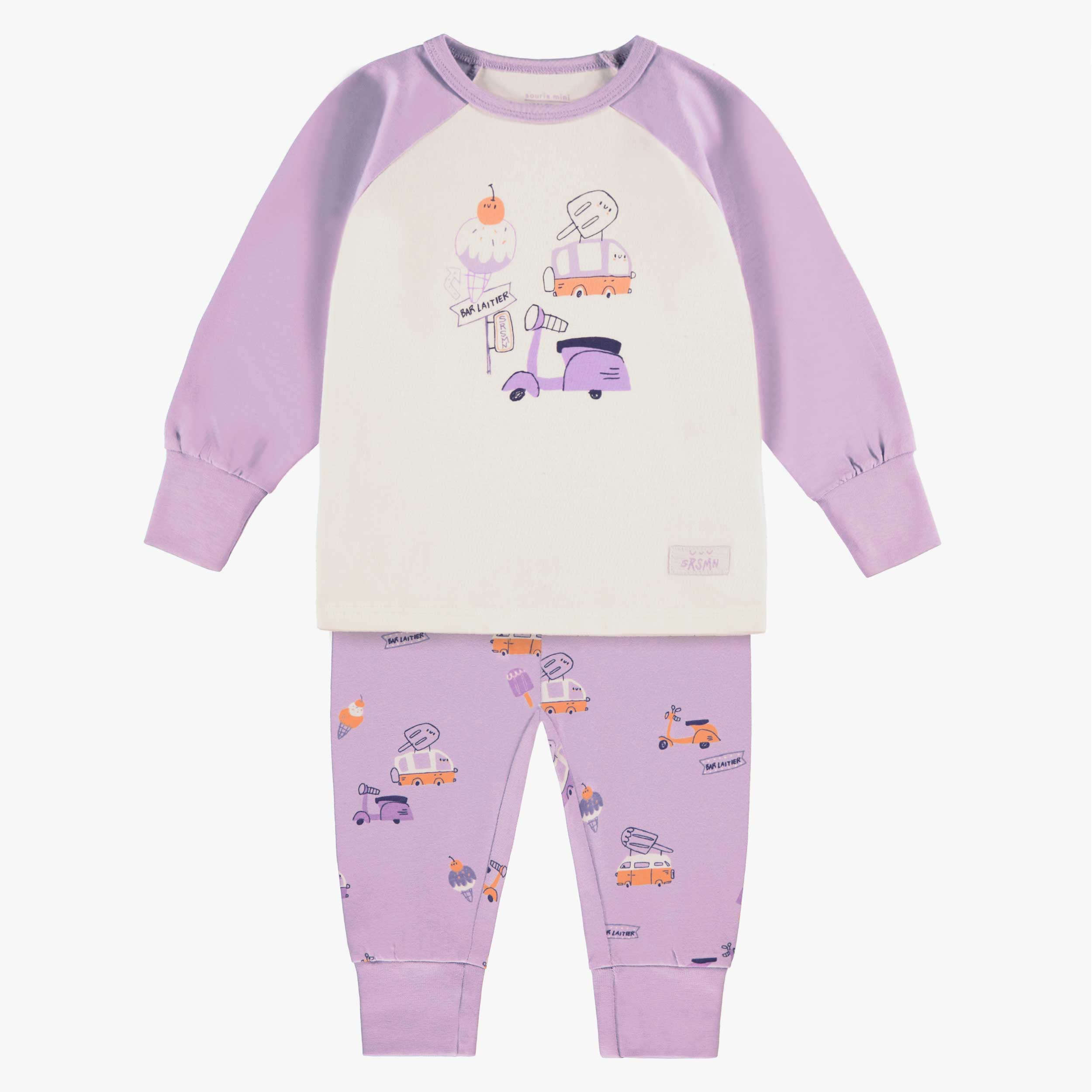 Pyjama deux pièces lilas et crème à motifs et illustration, bébé