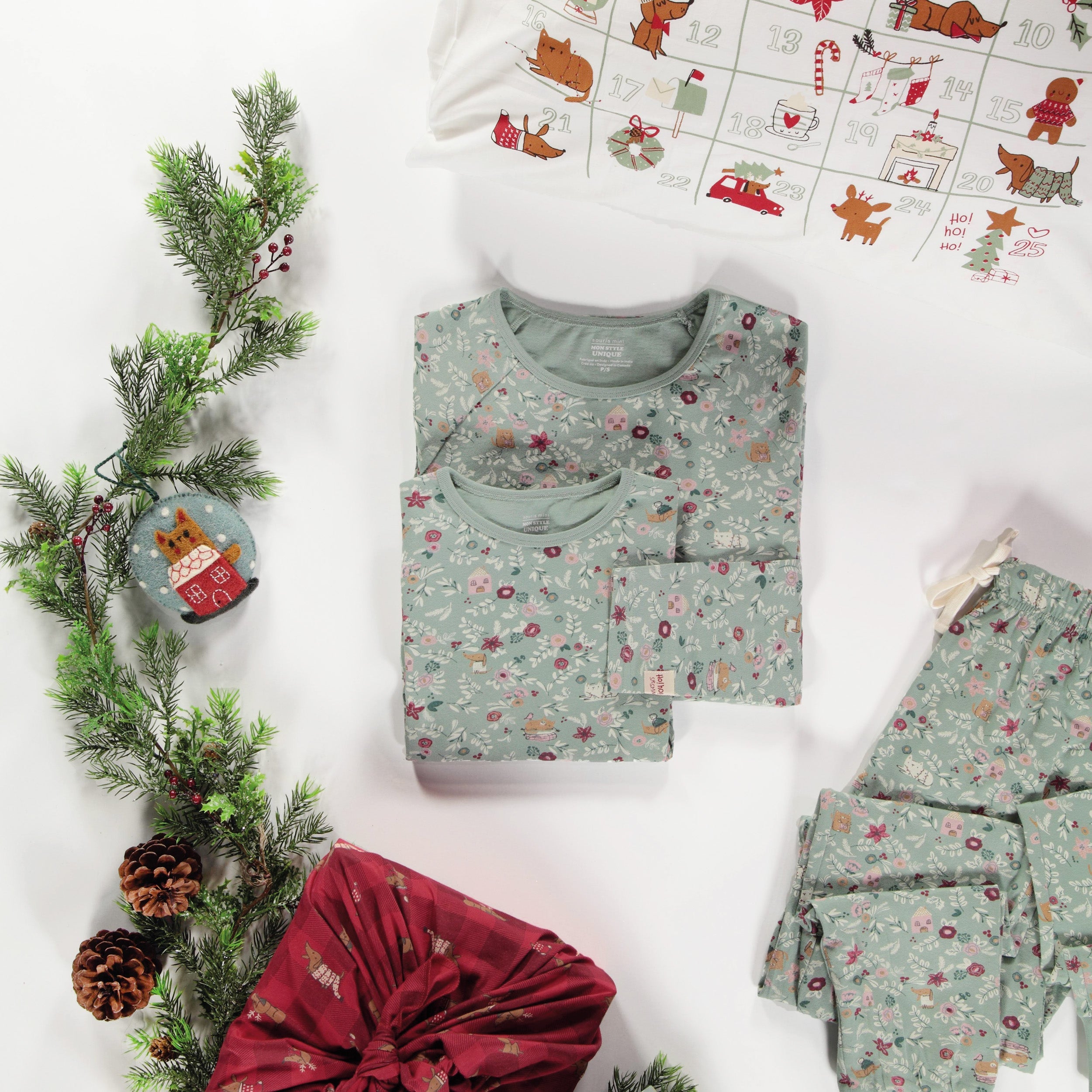 Haut de pyjama vert à motif à manches longues en coton, adulte