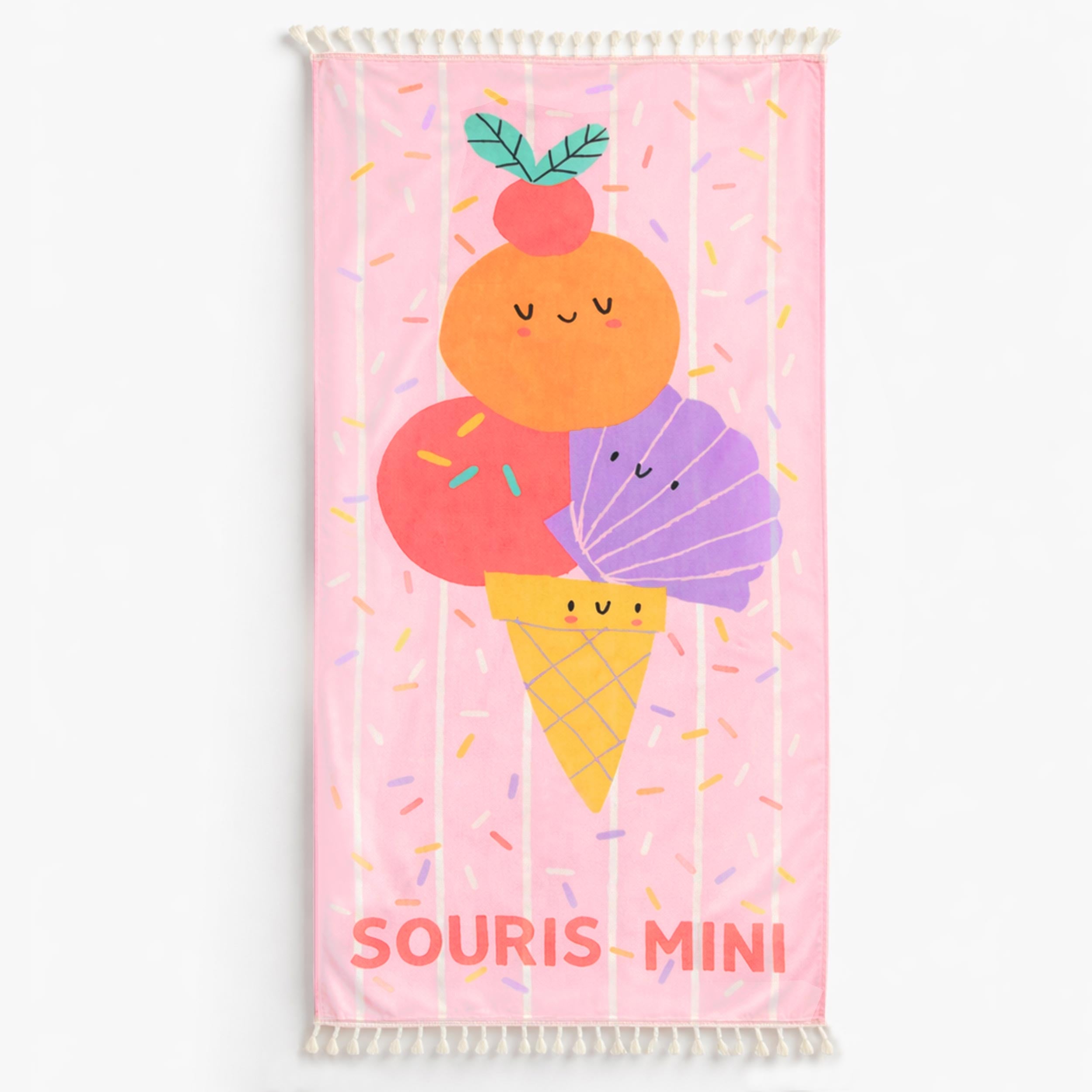Serviette de plage rose avec rayures, confettis et crème glacée, enfant - Souris Mini