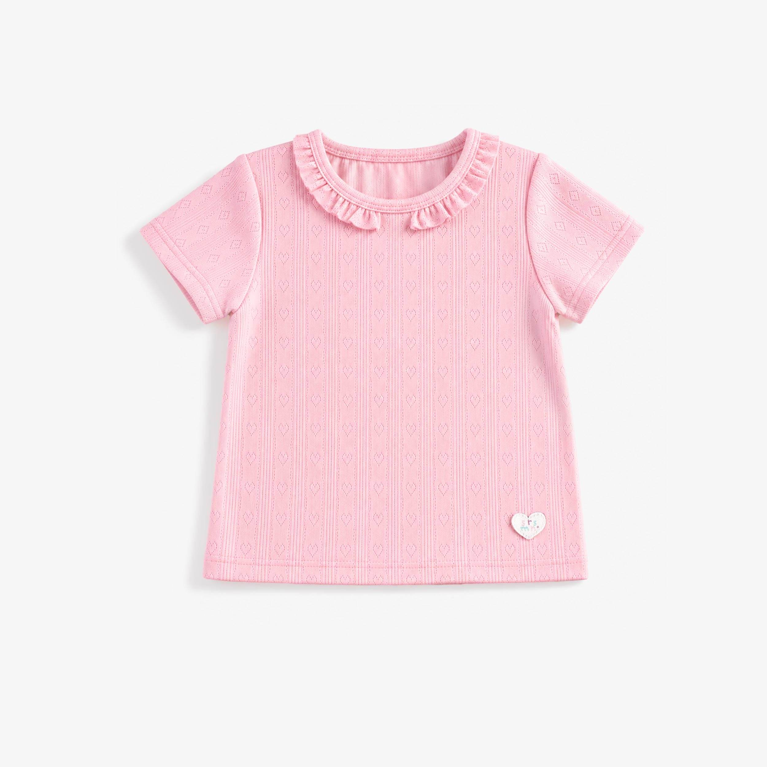 T-shirt rose pour bébé fille avec texture ajourée à motifs de cœurs et col volanté. Doux, confortable et parfait pour le quotidien. - Souris Mini