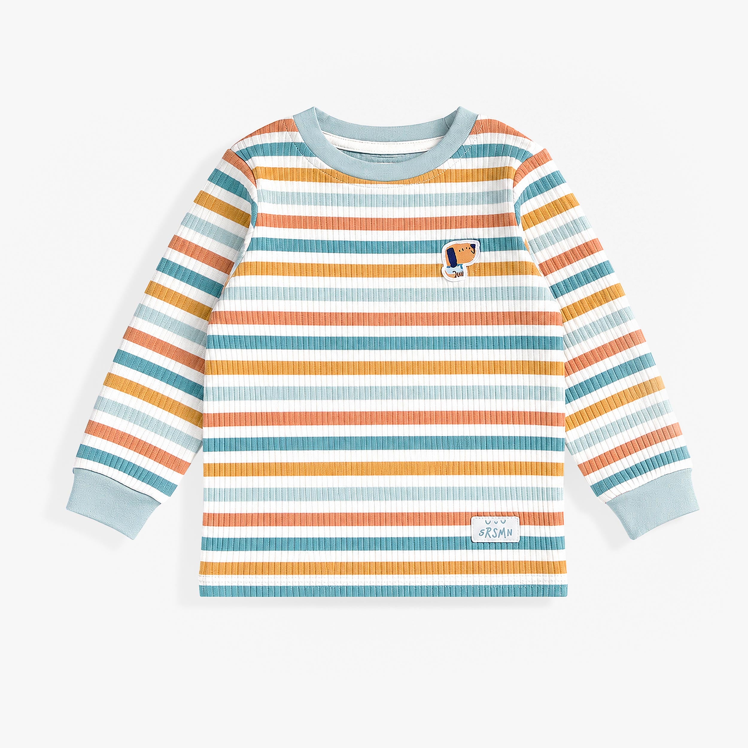 Haut de pyjama pour enfant a rayures bleu, orange et blanc avec manches longues et ecusson chien.