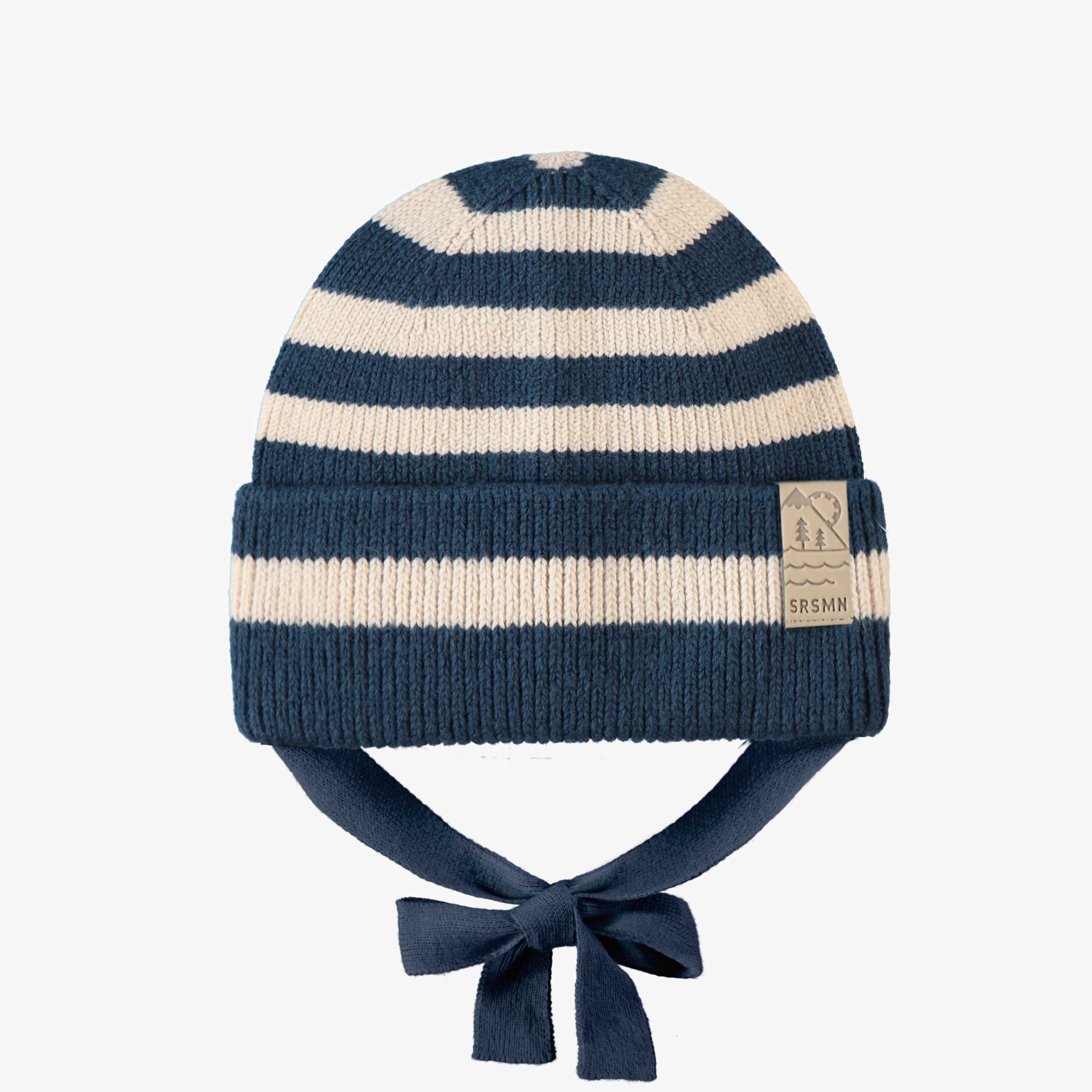 Tuque crème et bleu marine en tricot avec rayures, bébé - Souris Mini