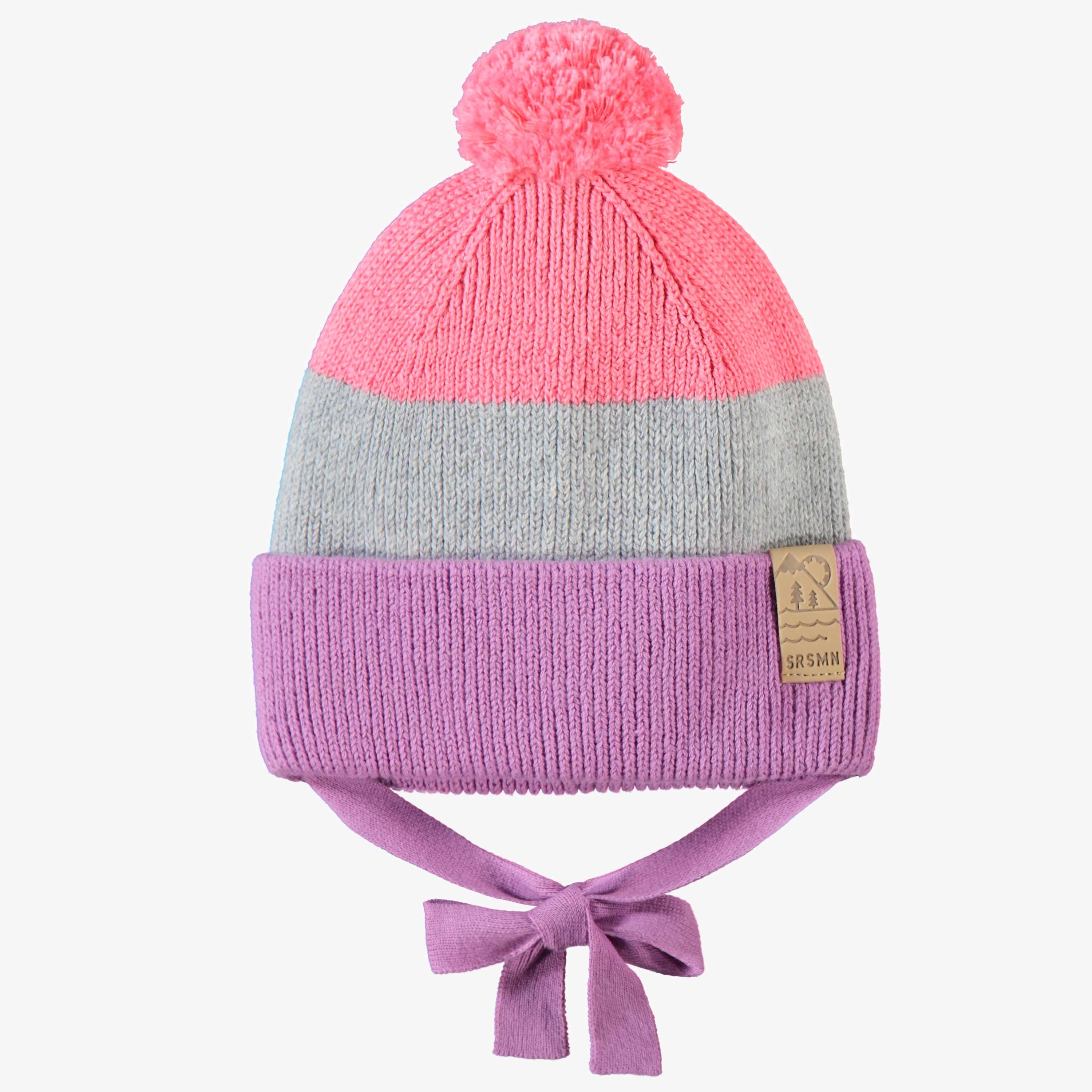 Tuque rose, gris et mauve en tricot, bébé - Souris Mini