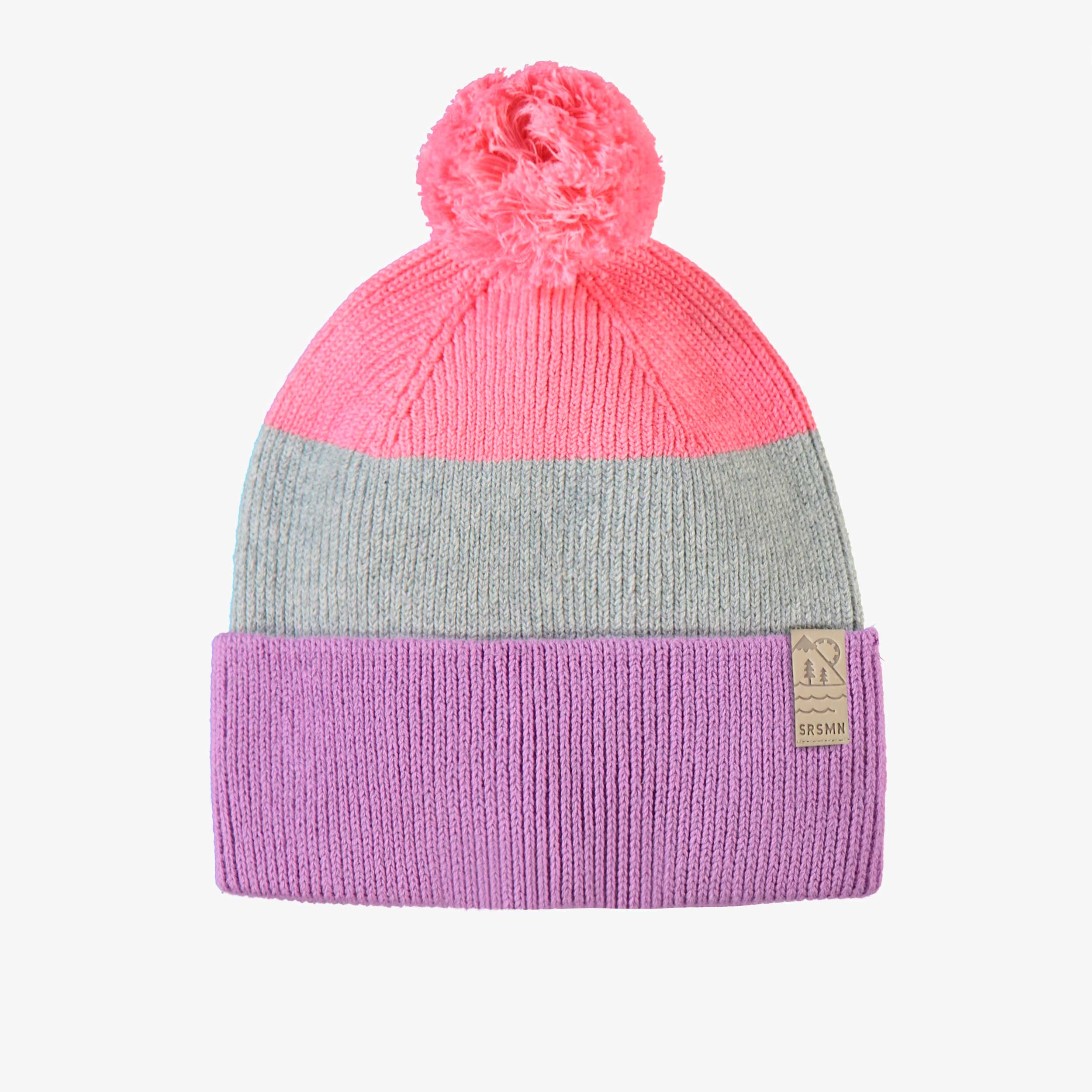 Tuque rose, gris et mauve en tricot, enfant - Souris Mini