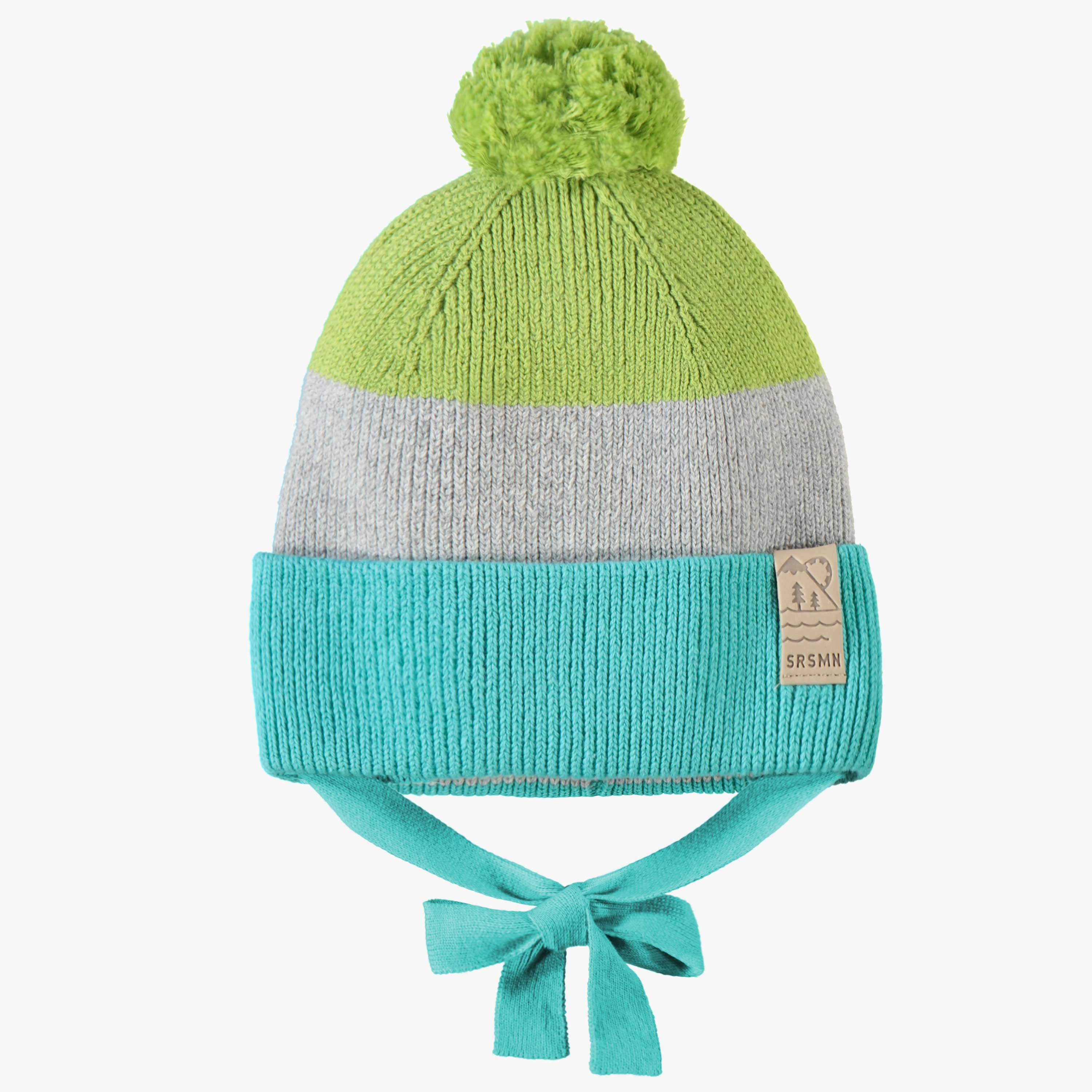 Tuque vert, gris et turquoise en tricot, bébé - Souris Mini