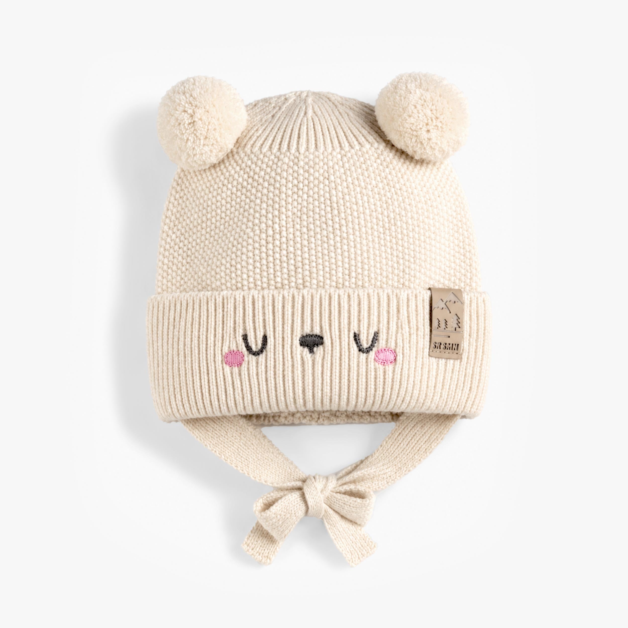 Tuque crème en tricot avec pompons, bébé - Souris Mini