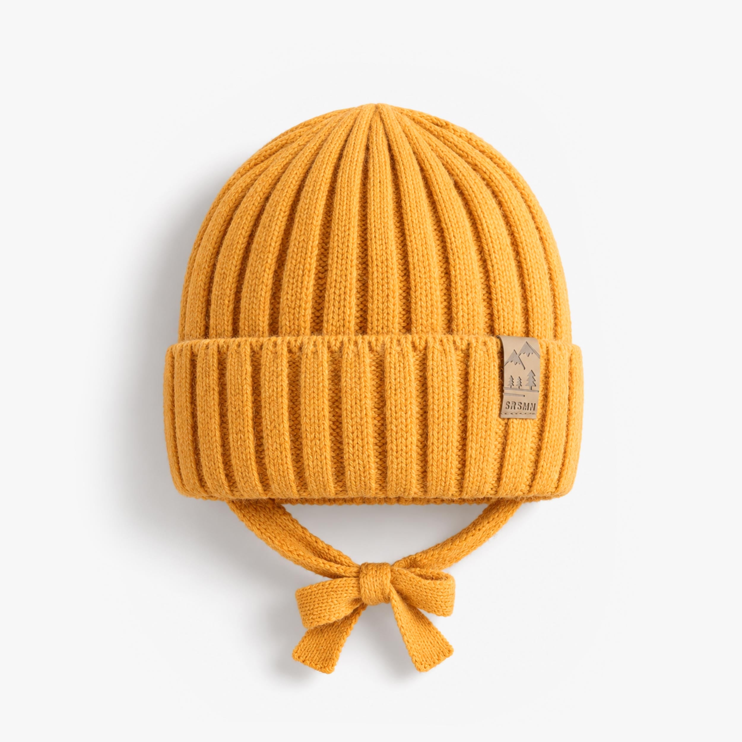 Tuque jaune ocre en tricot avec attaches, bébé - Souris Mini