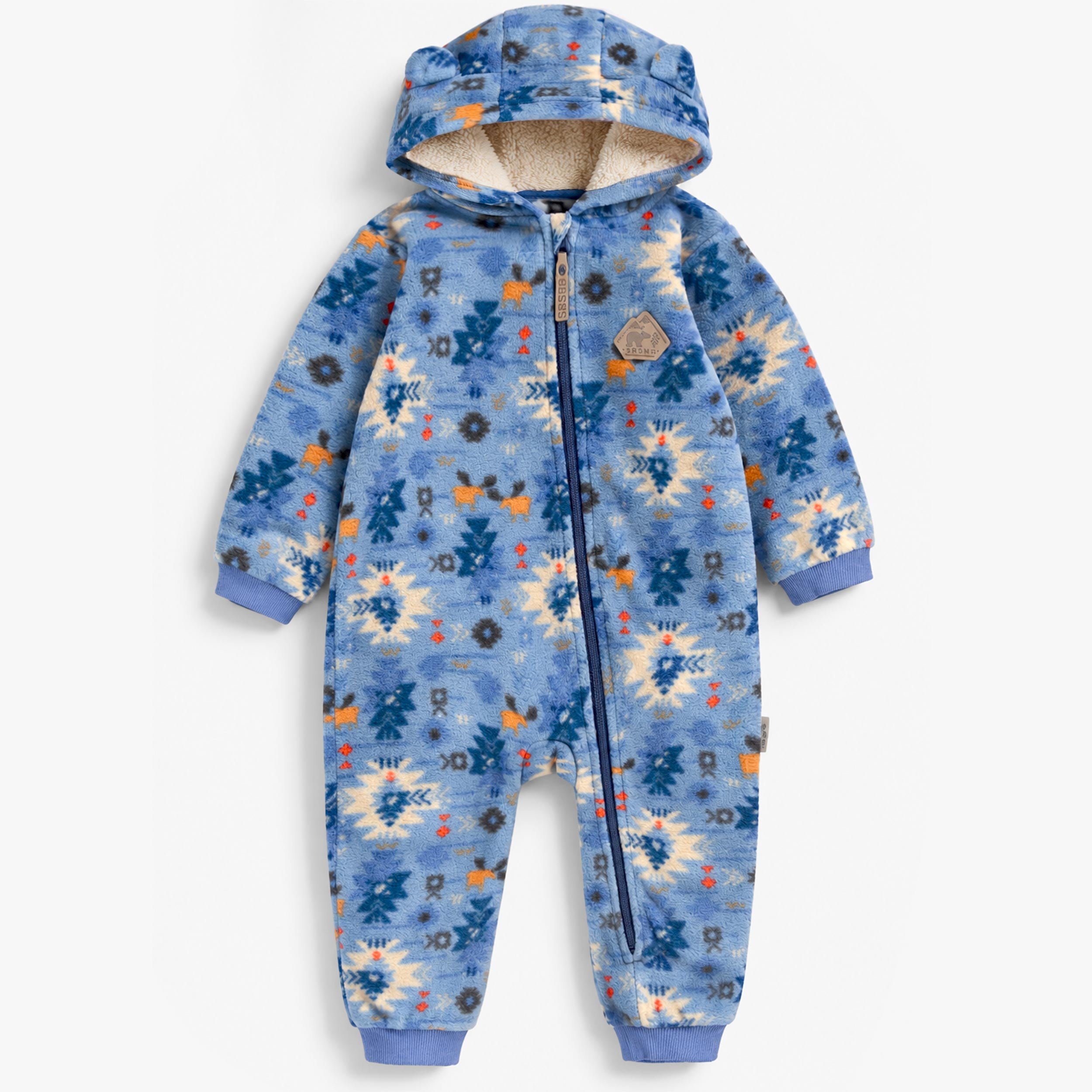 Une-pièce bleue en polar à motifs pour bébé Souris Mini avec capuchon, fermeture éclair et doublure en polar.