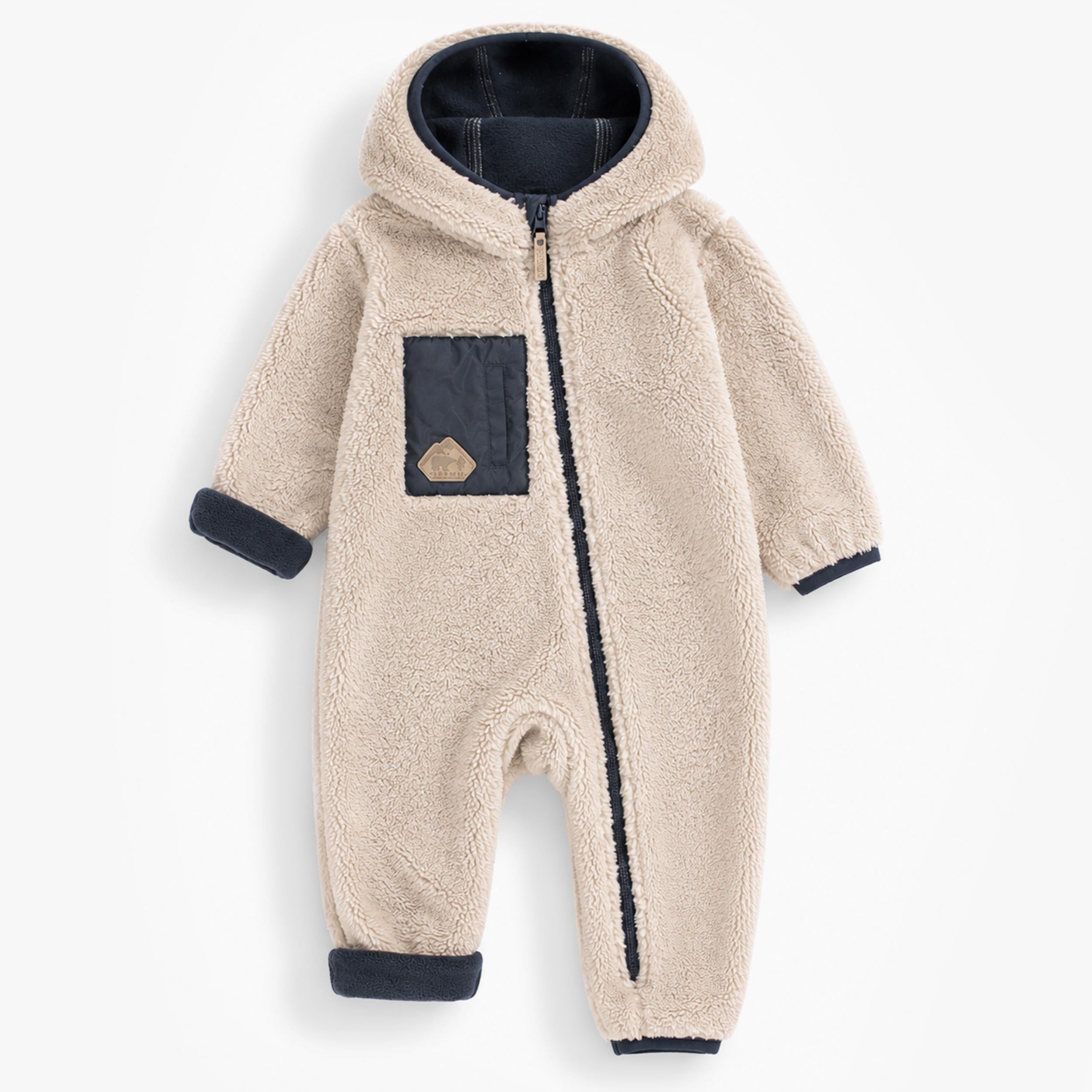 Une-piece creme en peluche avec details bleu fonce pour bebe