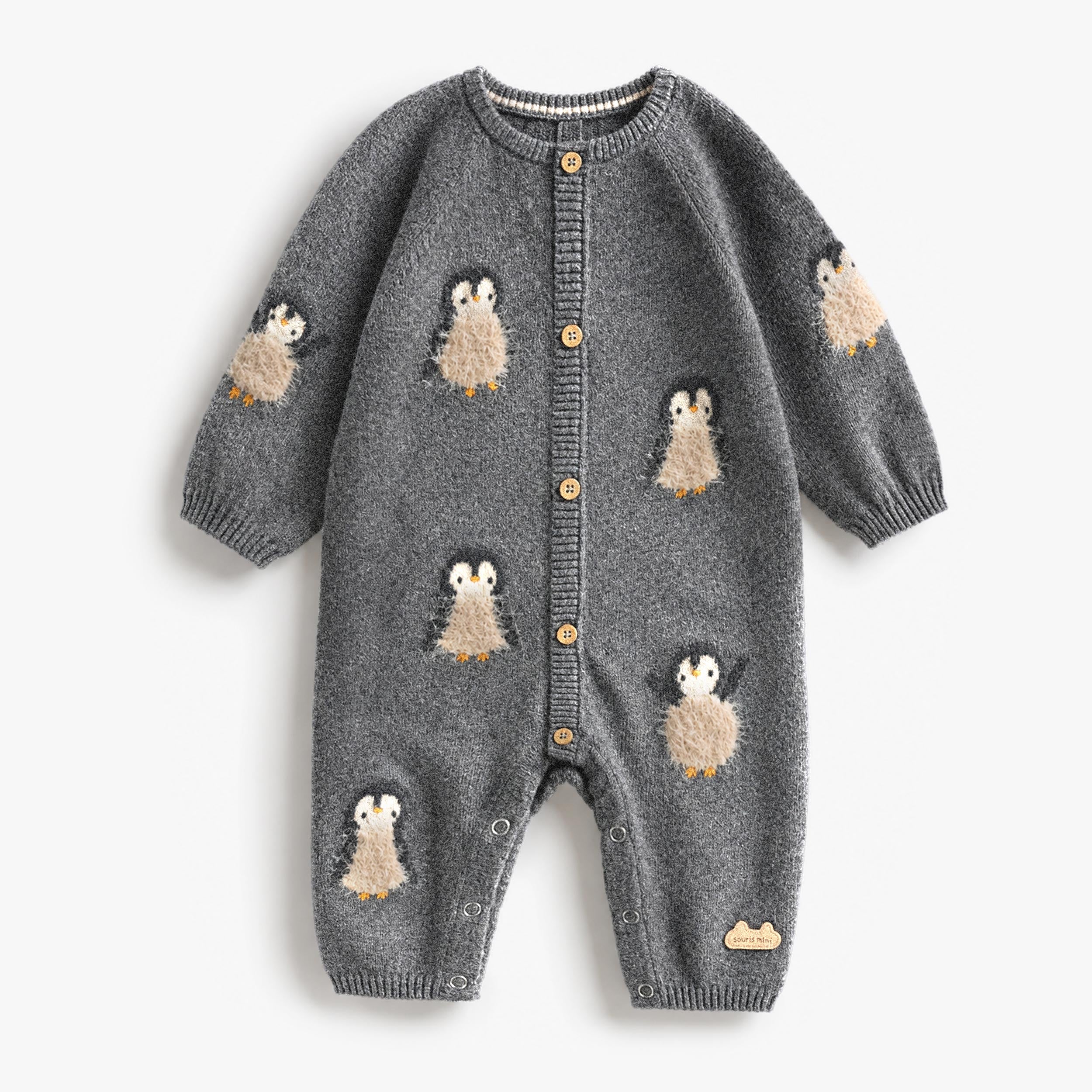 Une pièce grise à motif de pingouins en tricot, naissance - Souris Mini