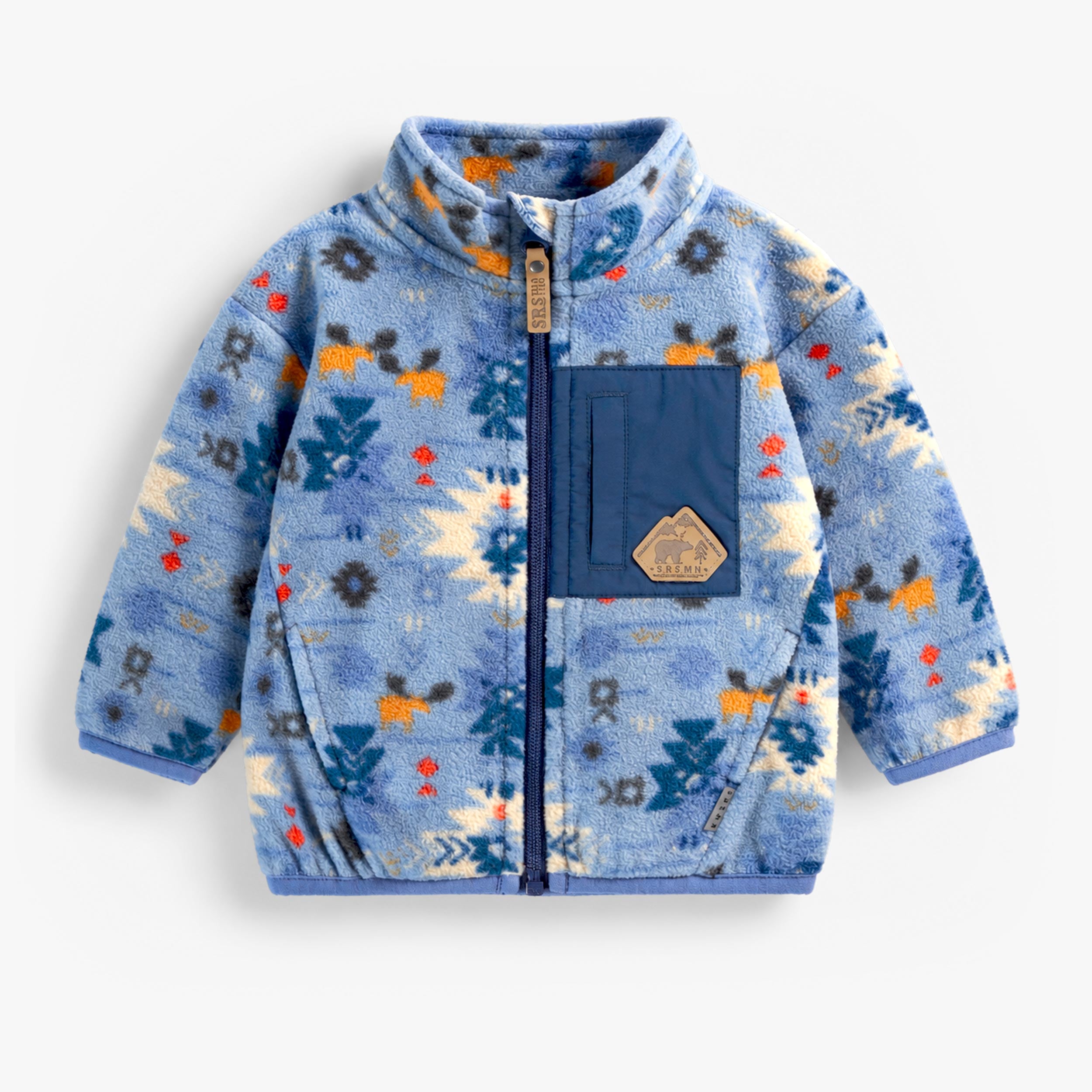 Veste bleue en polar à motifs pour bébé Souris Mini avec fermeture éclair, poche poitrine et poches latérales.