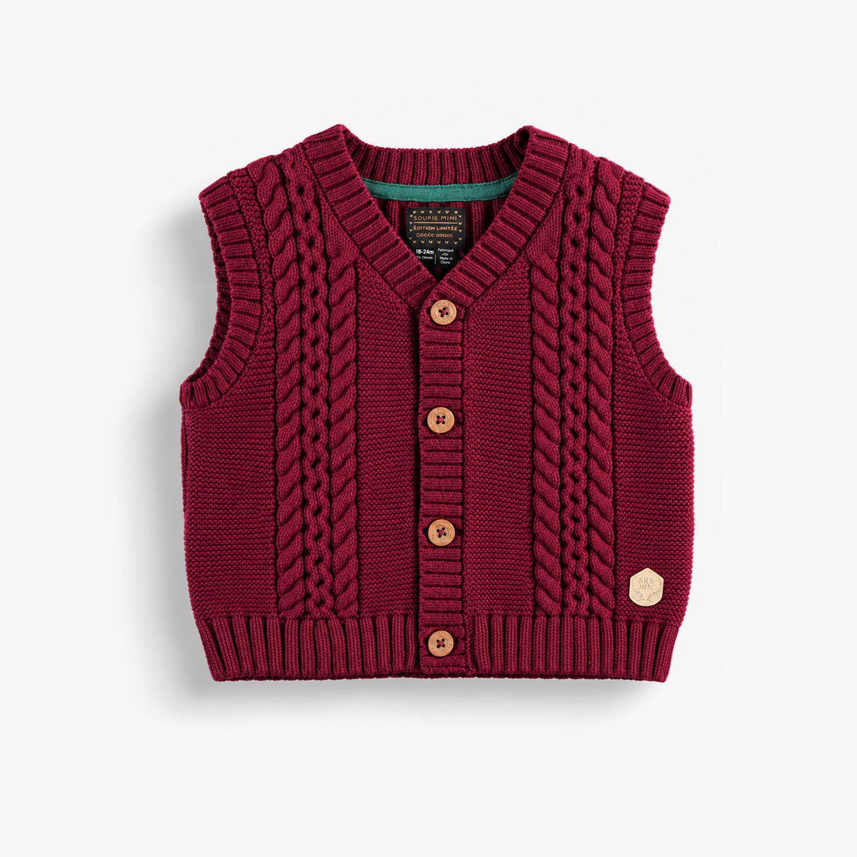 Veste sans manches bourgogne en tricot, bébé garçon - Souris Mini