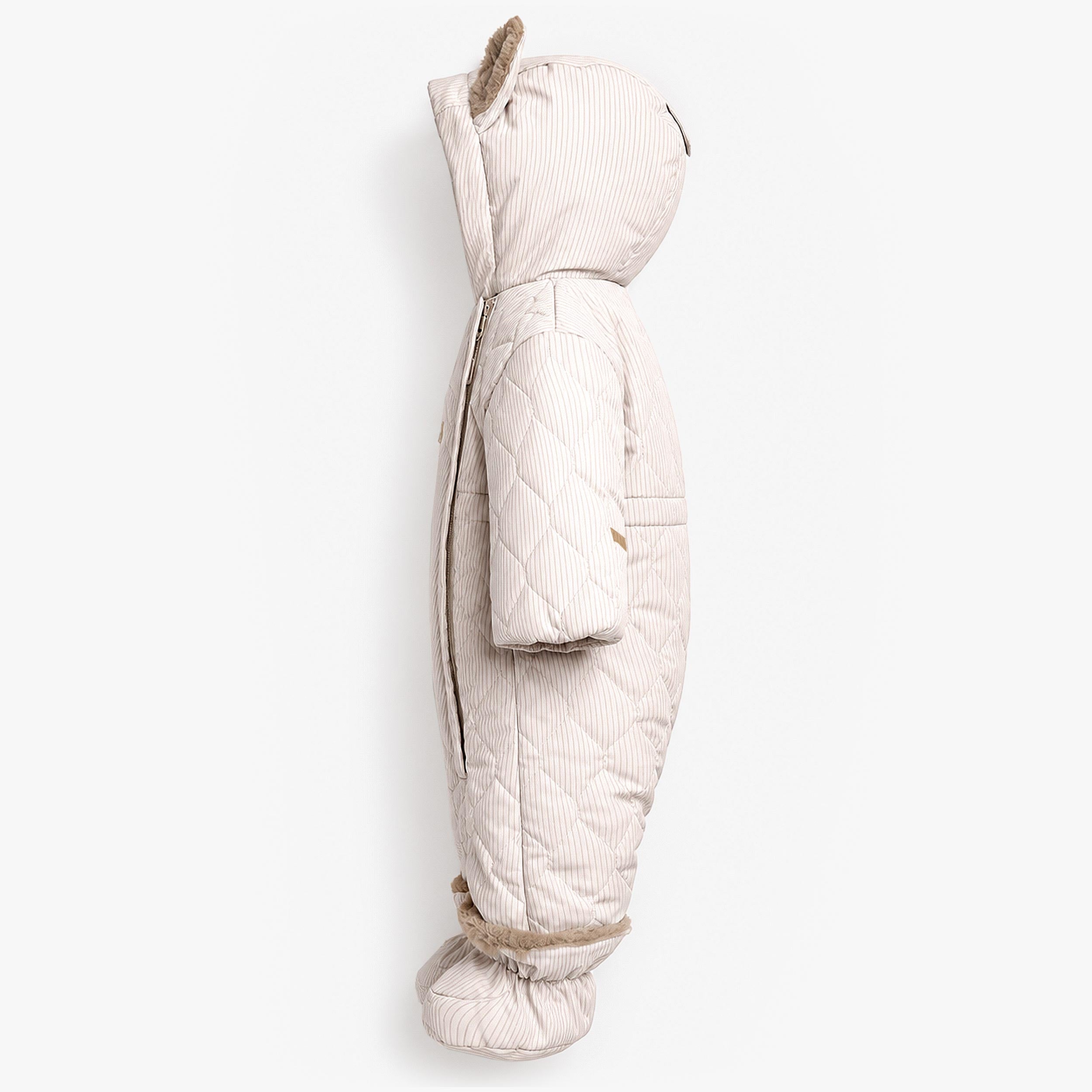 Vue de côté de l'habit de neige beige pour bébé avec capuchon à oreilles Souris Mini