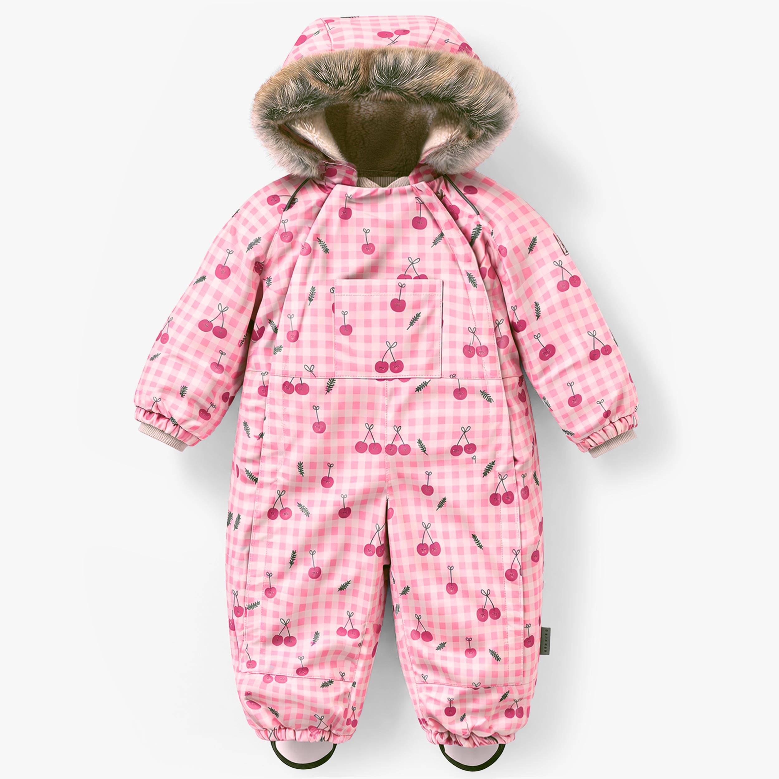 Vue de face de l'habit de neige une pièce rose à carreaux avec imprimé, bébé