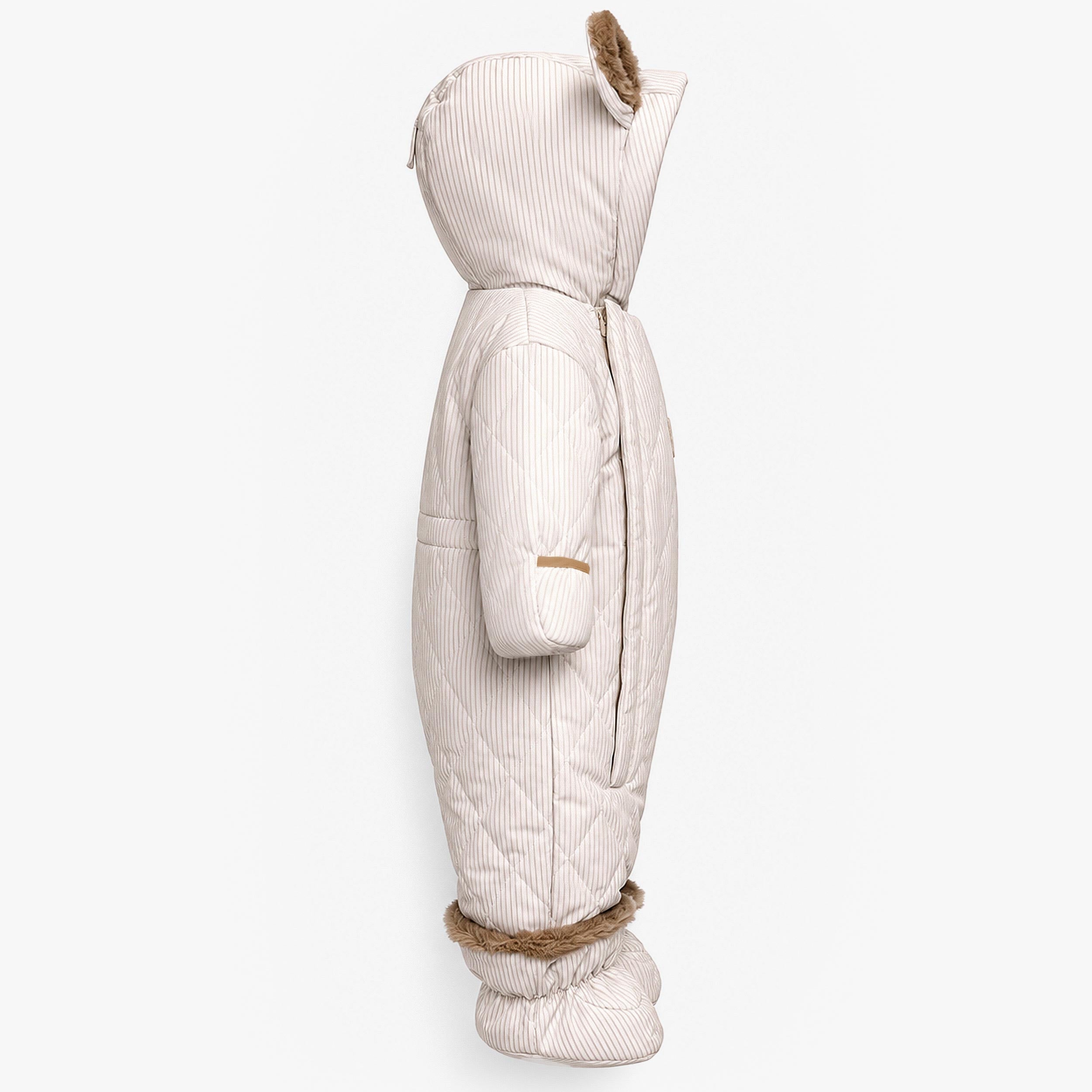 Vue de profil de l'habit de neige beige pour bébé avec capuchon à oreilles Souris Mini