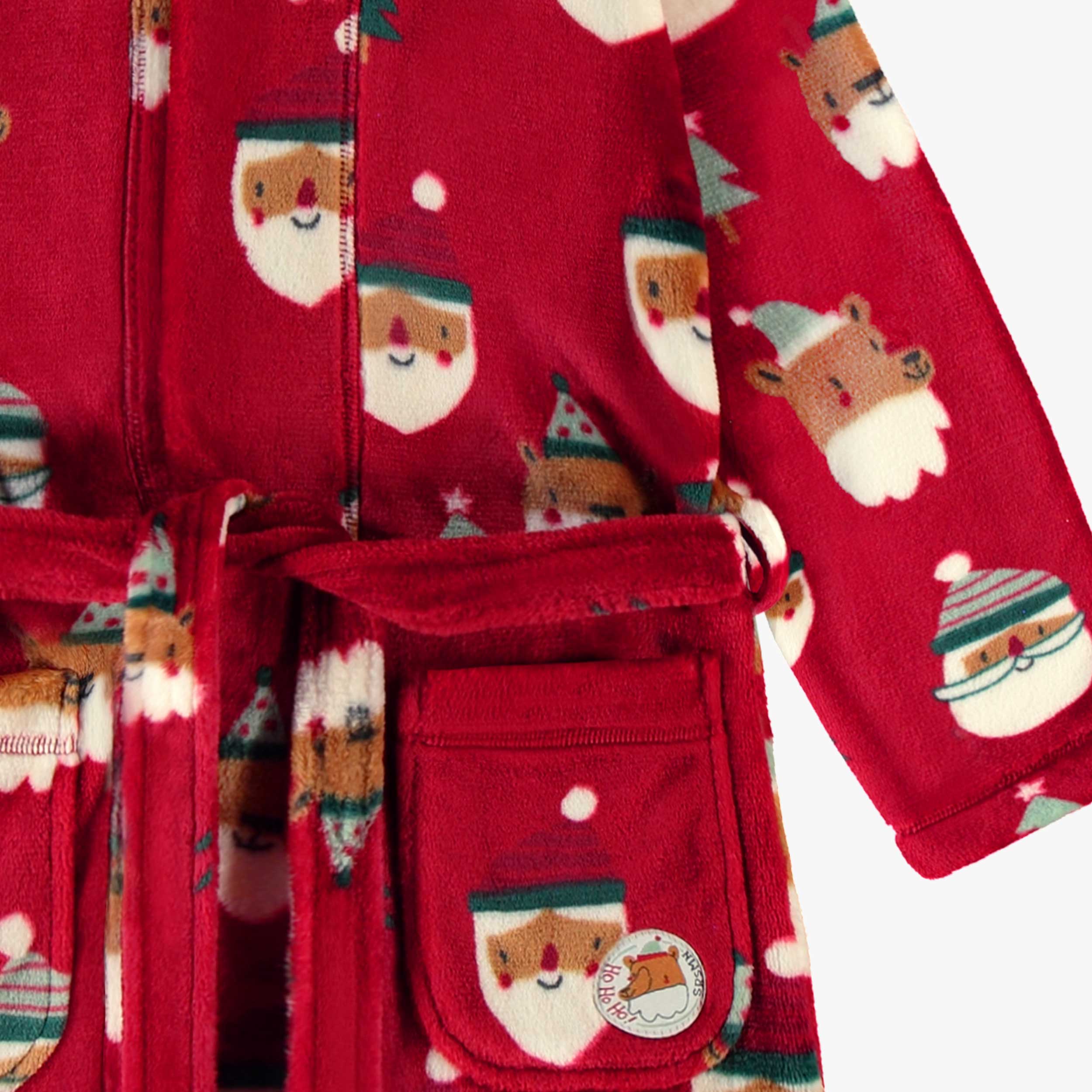 Zoom motifs de la robe de chambre rouge en peluche avec motifs des Fêtes, enfant - Souris Mini