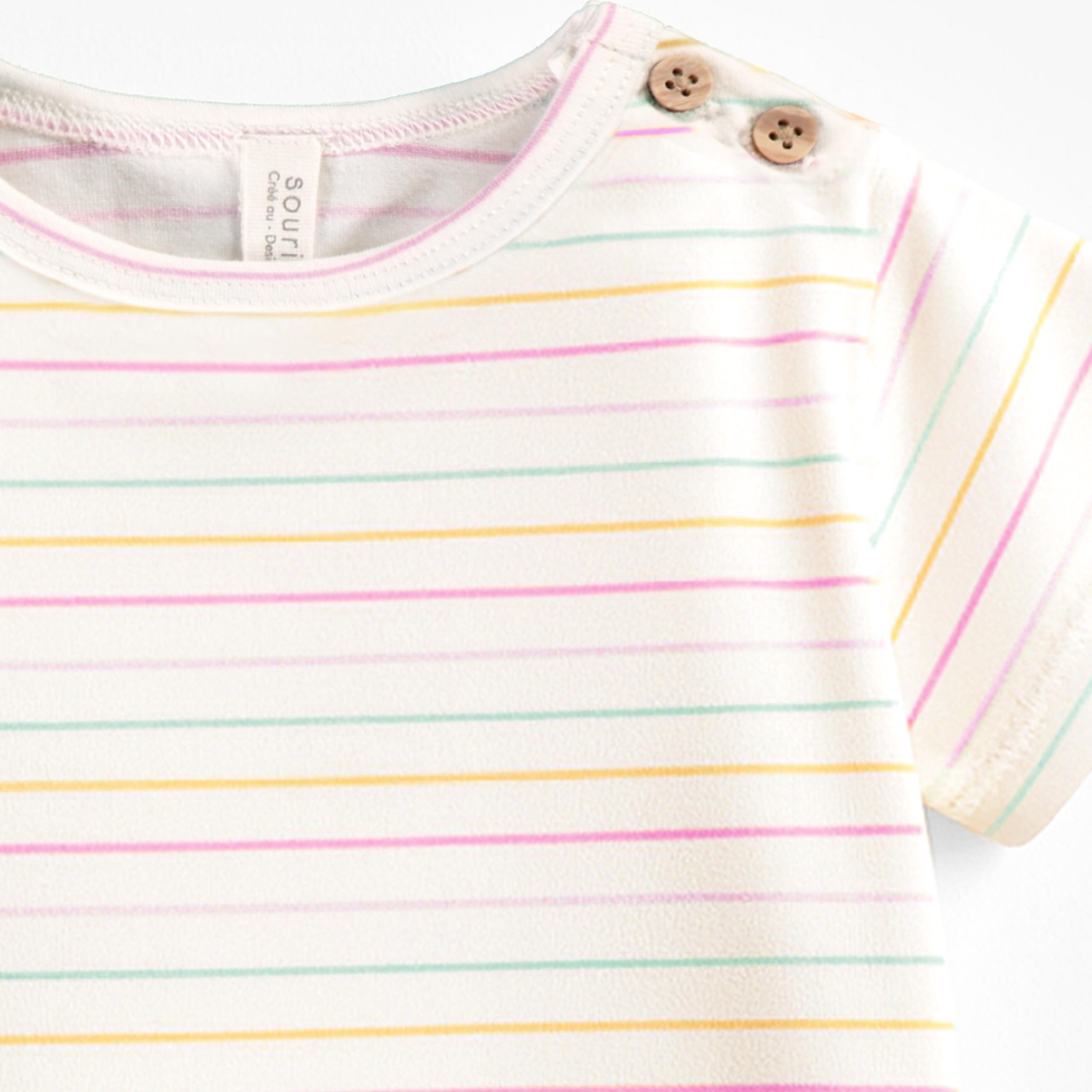 Zoom détails du t-shirt crème à rayures colorées, naissance