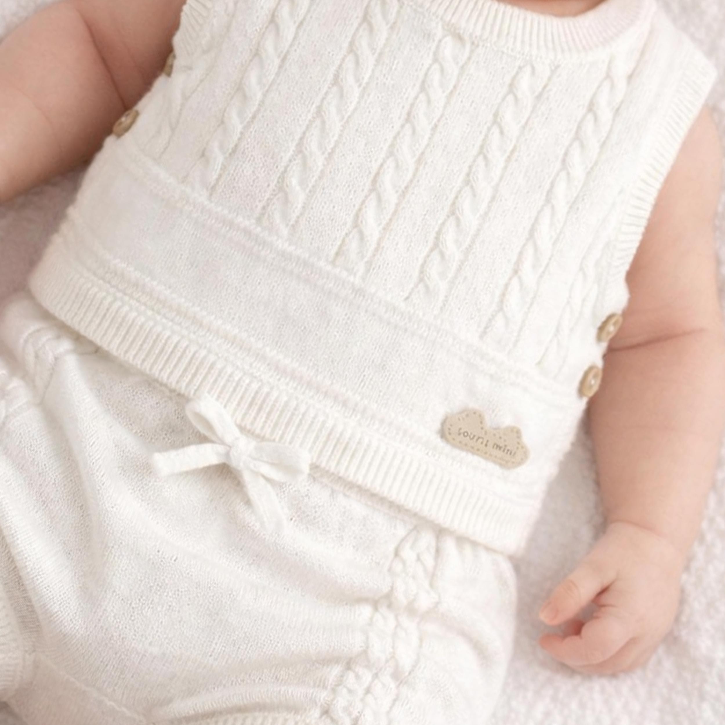 Zoom photo bébé portant le débardeur crème en tricot, naissance