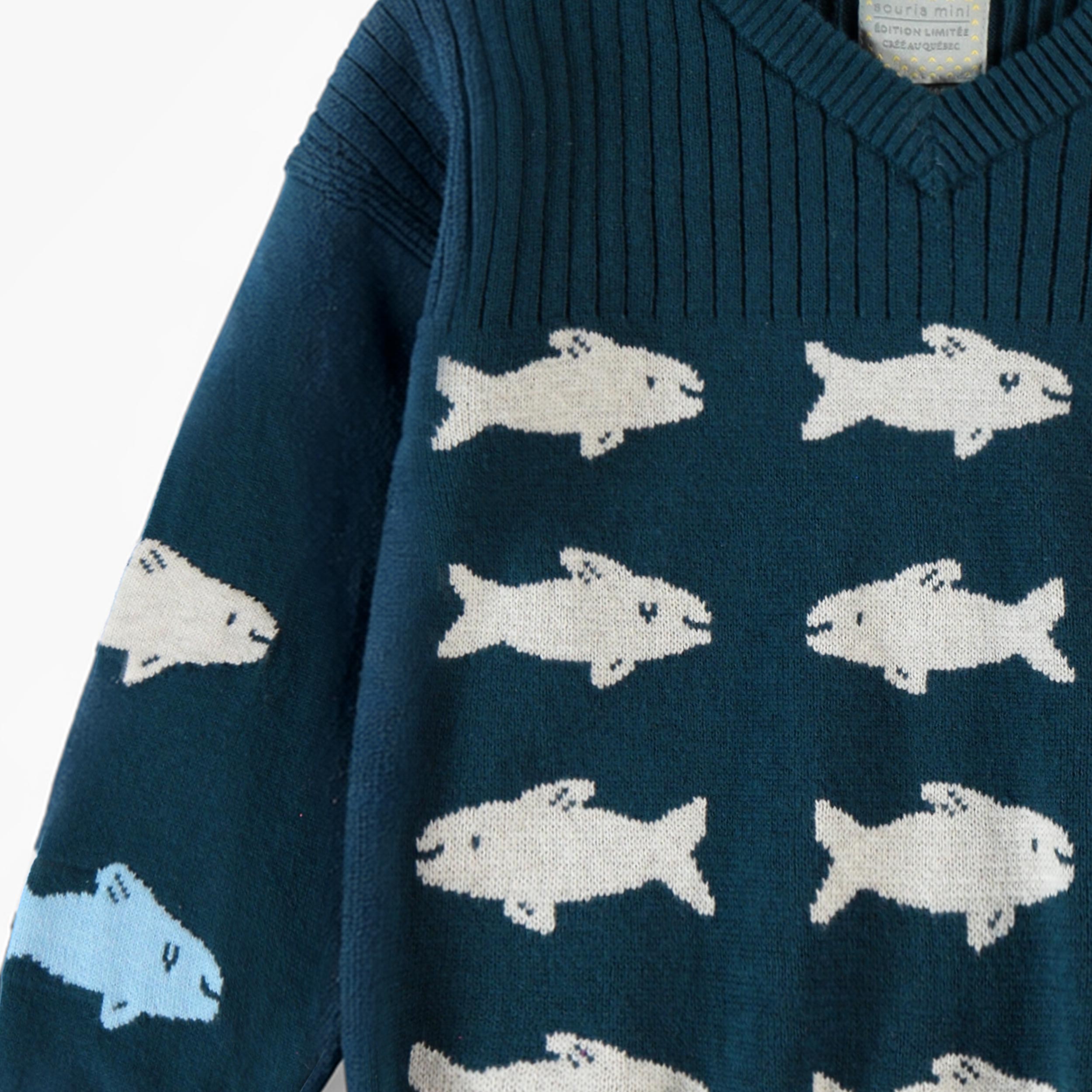 Zoom détails du chandail bleu en tricot avec poissons, enfant