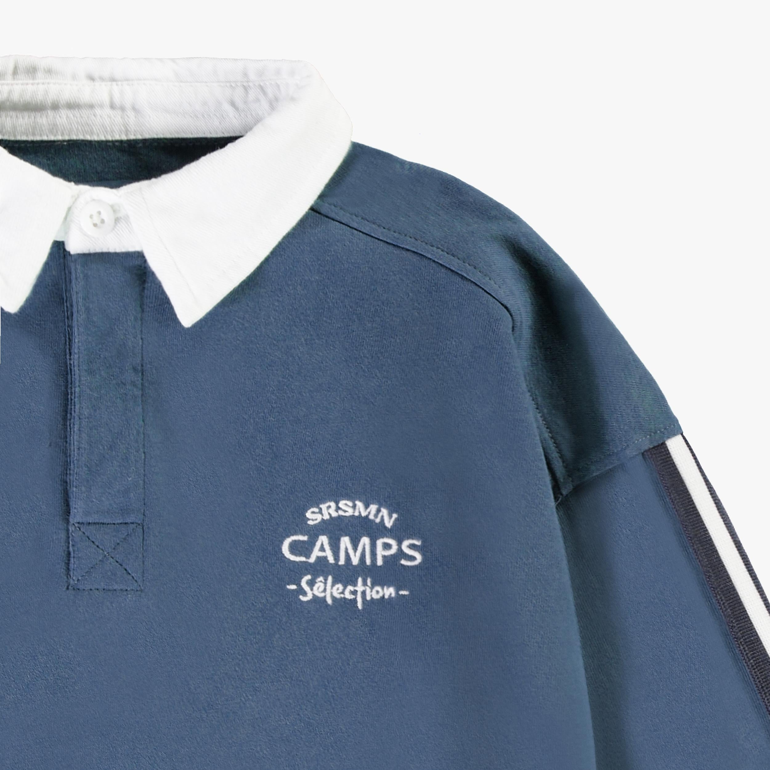 Zoom détails du chandail bleu marine col polo, enfant