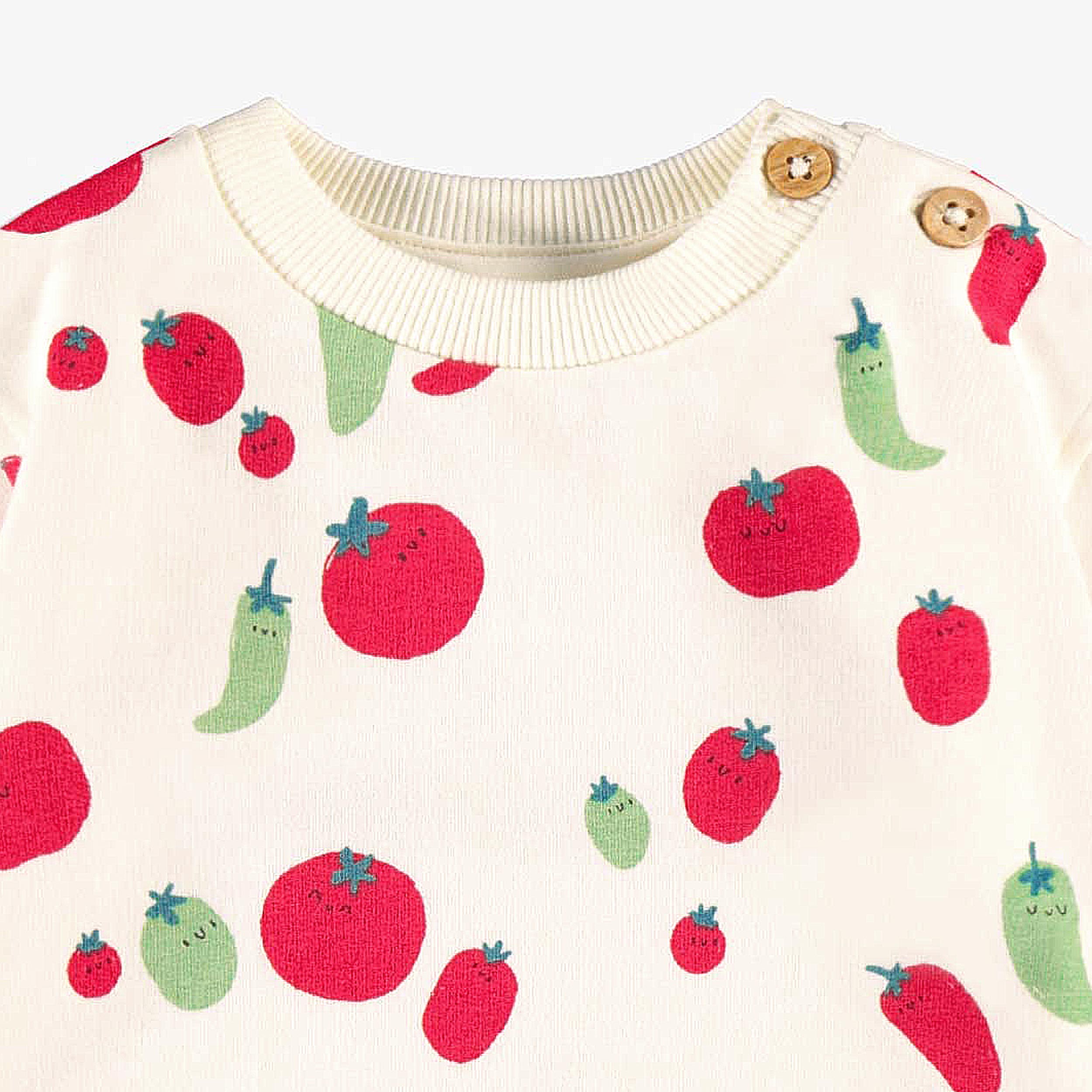 Zoom détails du chandail crème à motifs de tomates et piments, naissance 