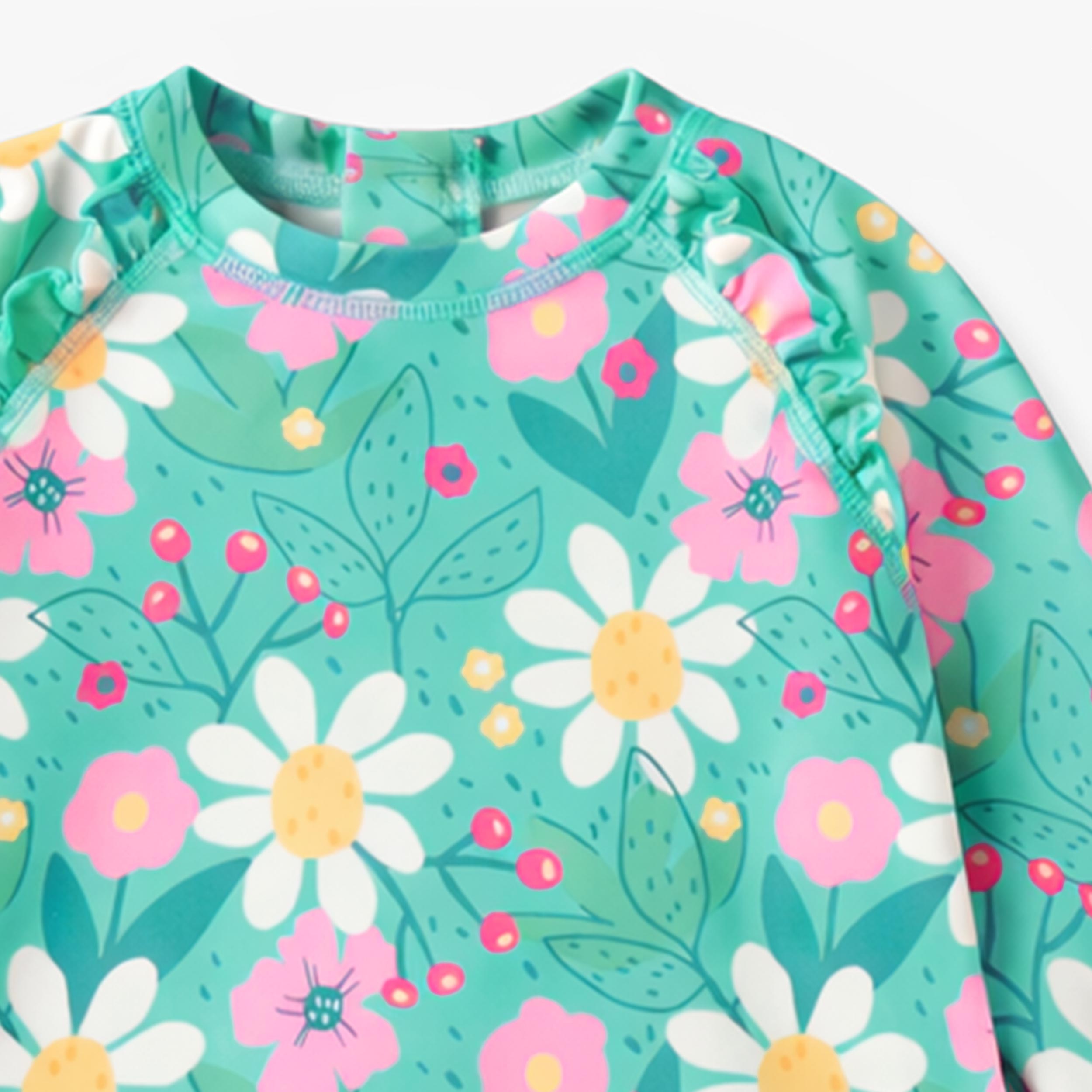 Zoom détails du maillot de bain une pièce turquoise à motif floral, bébé 