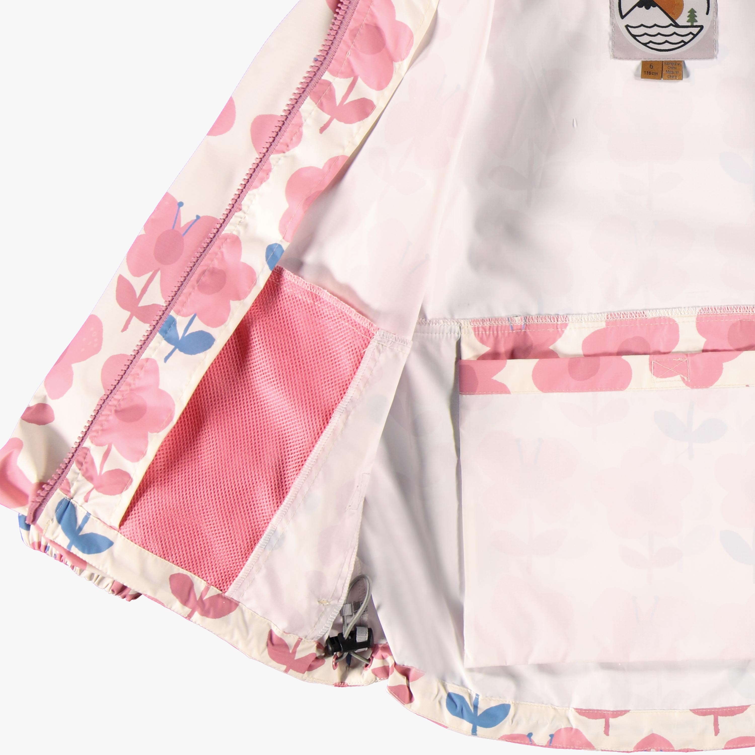 Zoom détails de l'intérieur du manteau coupe-vent crème à motif floral, enfant 