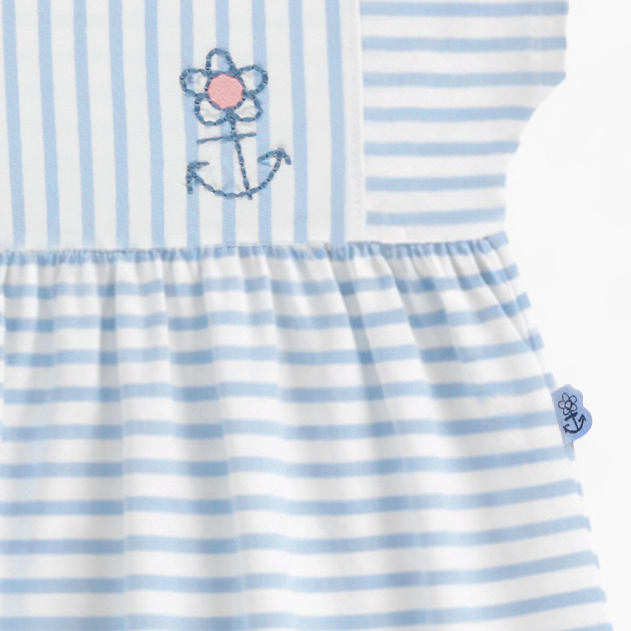 Zoom détails de la robe crème à rayures bleues, enfant