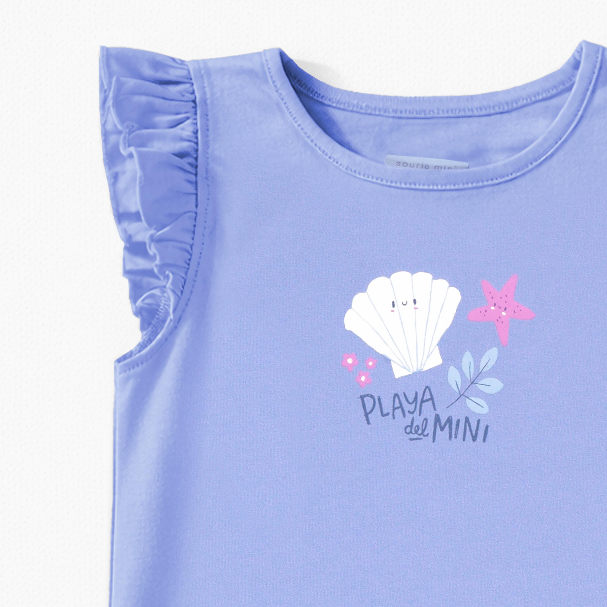 Zoom détails du t-shirt bleu avec illustration, enfant