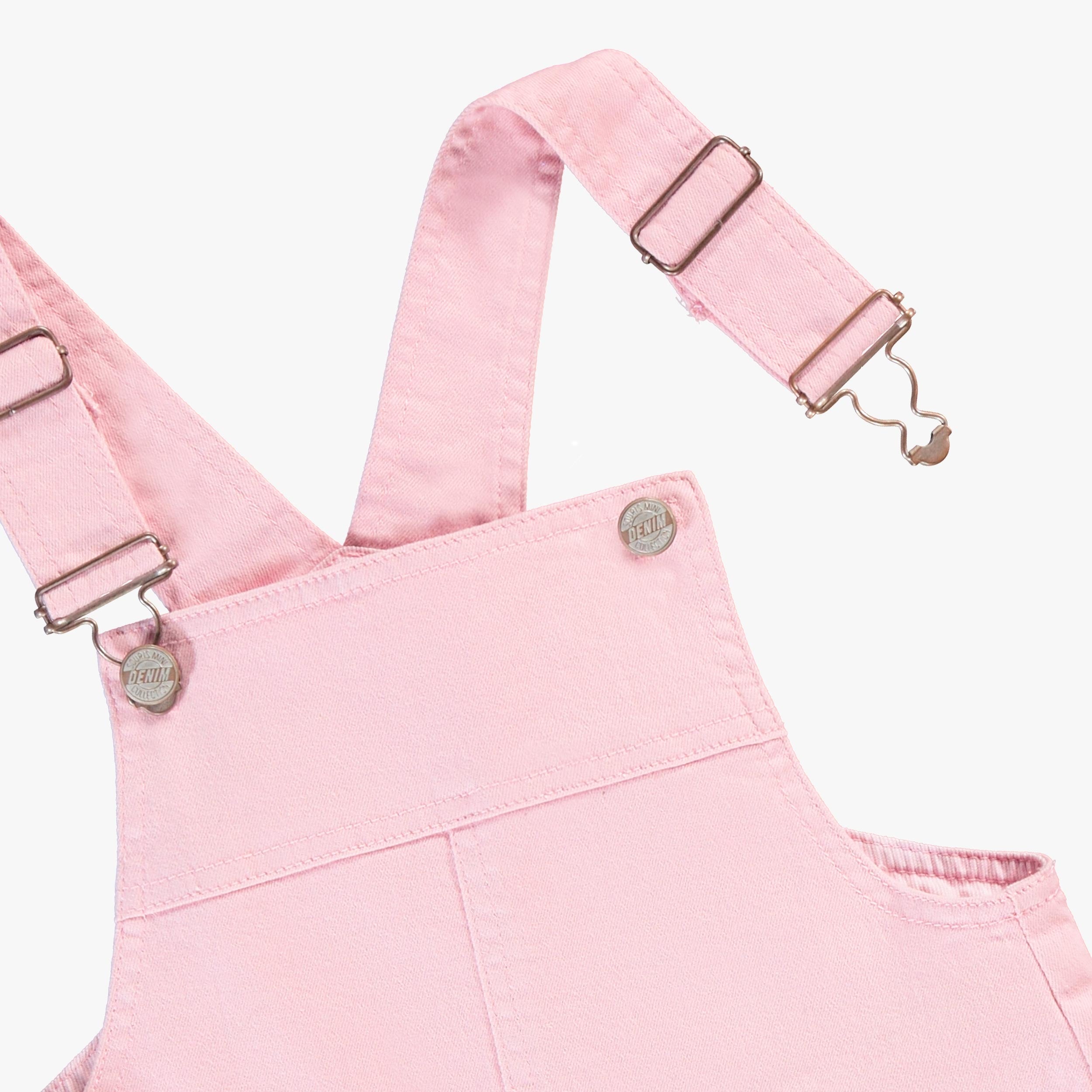 Zoom détails attaches de la salopette rose en denim, enfant
