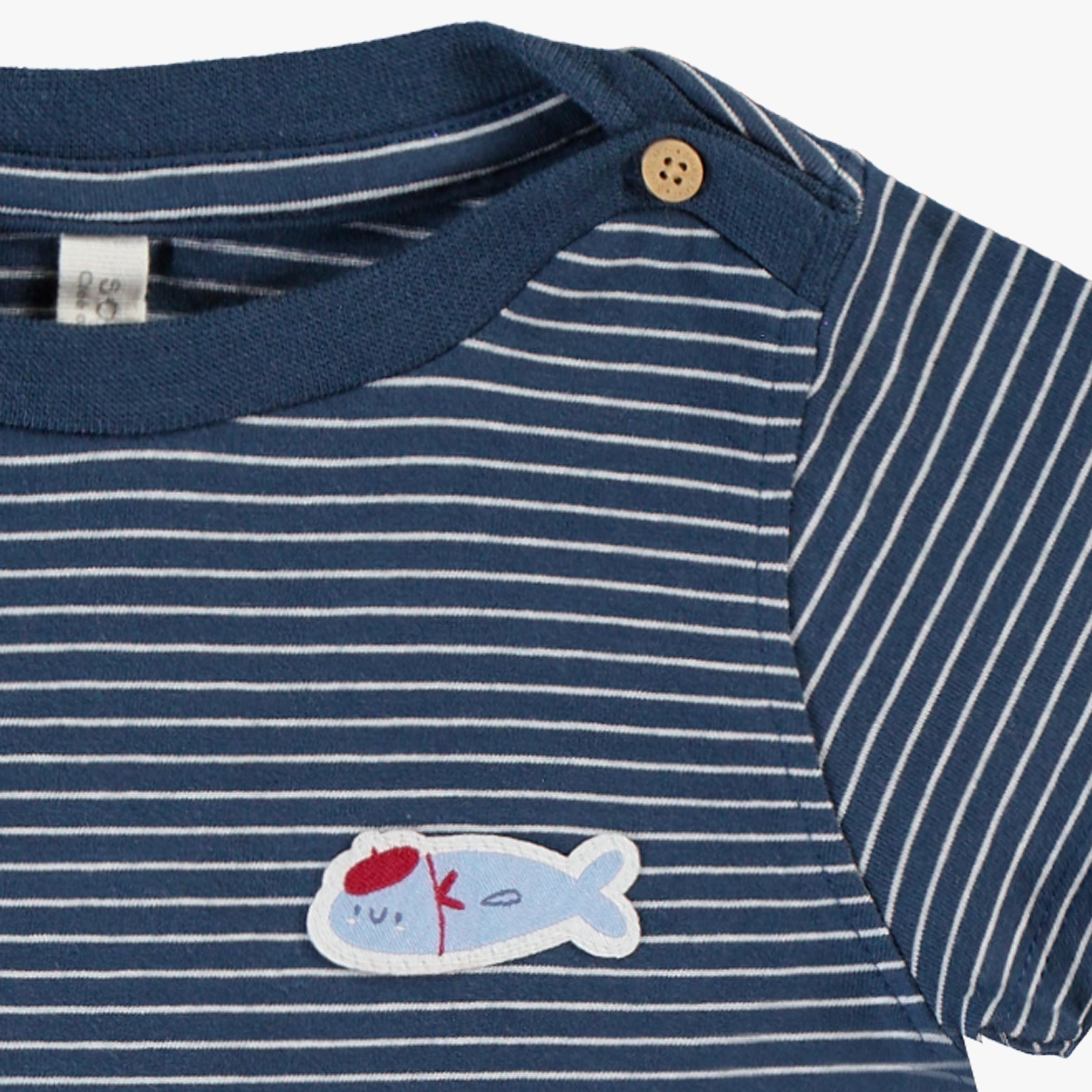 Zoom détails de la barboteuse bleu marine et crème à rayures, naissance 