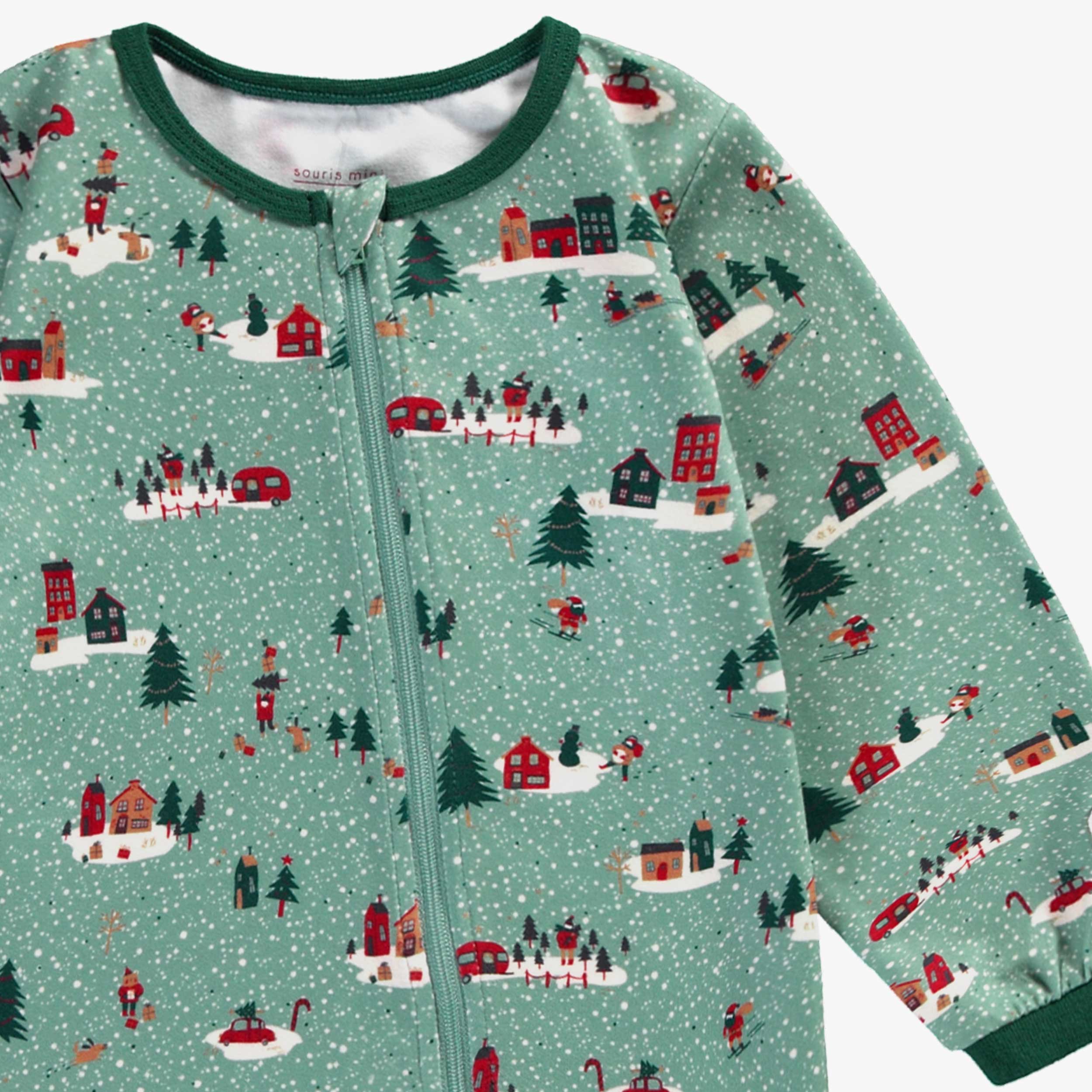 Zoom motifs pyjama une pièce vert à motifs des Fêtes, bébé