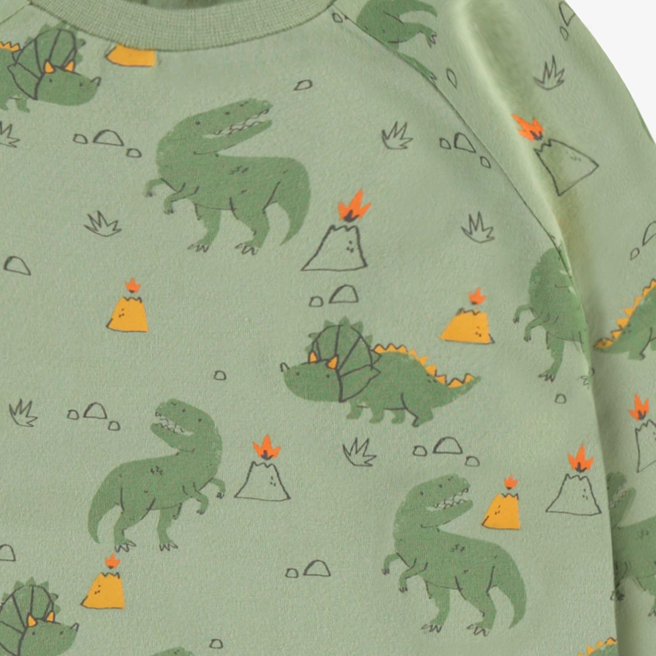 Zoom détails du pyjama deux pièces vert à motifs de dinosaures, enfant 
