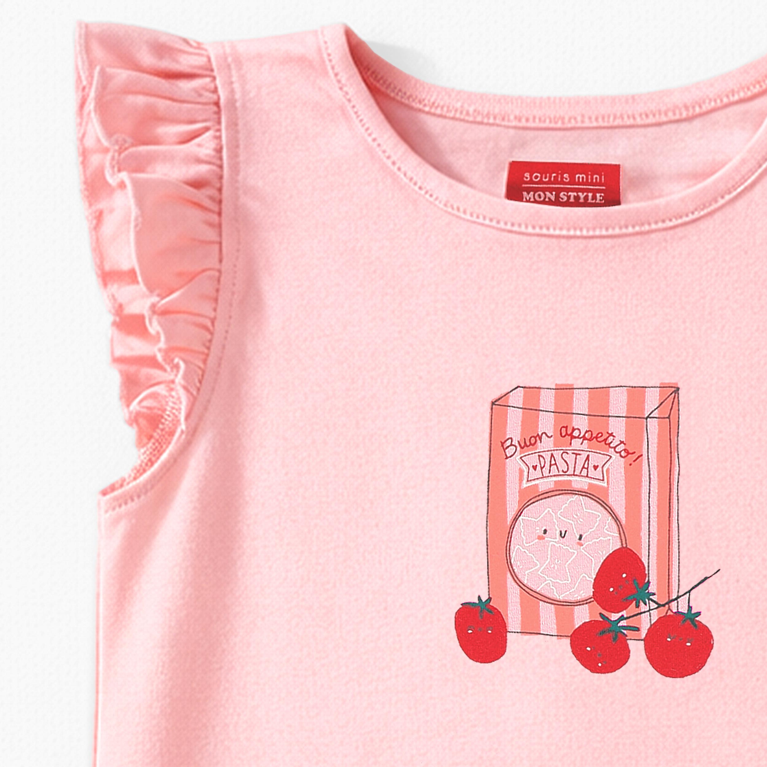Zoom du t-shirt rose avec illustration, enfant