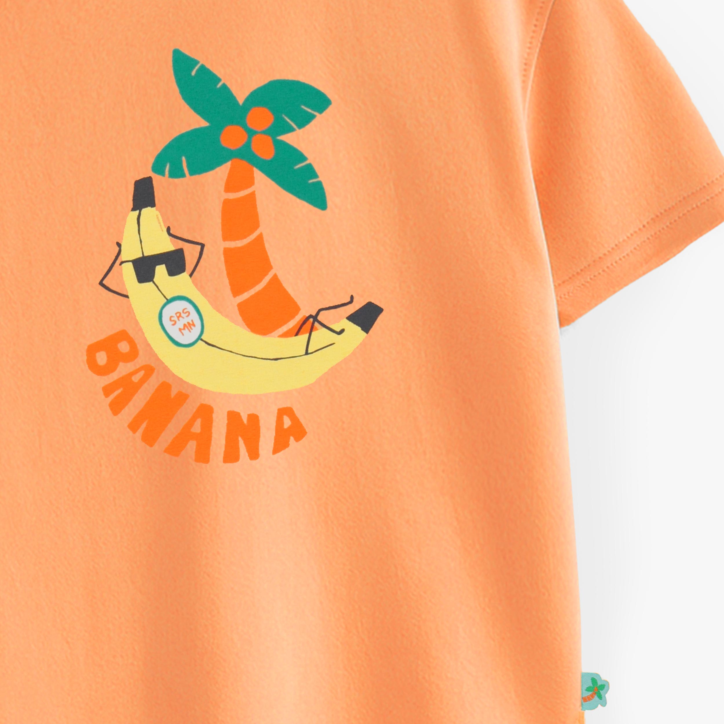 Zoom détails du t-shirt orange avec illustration, enfant 