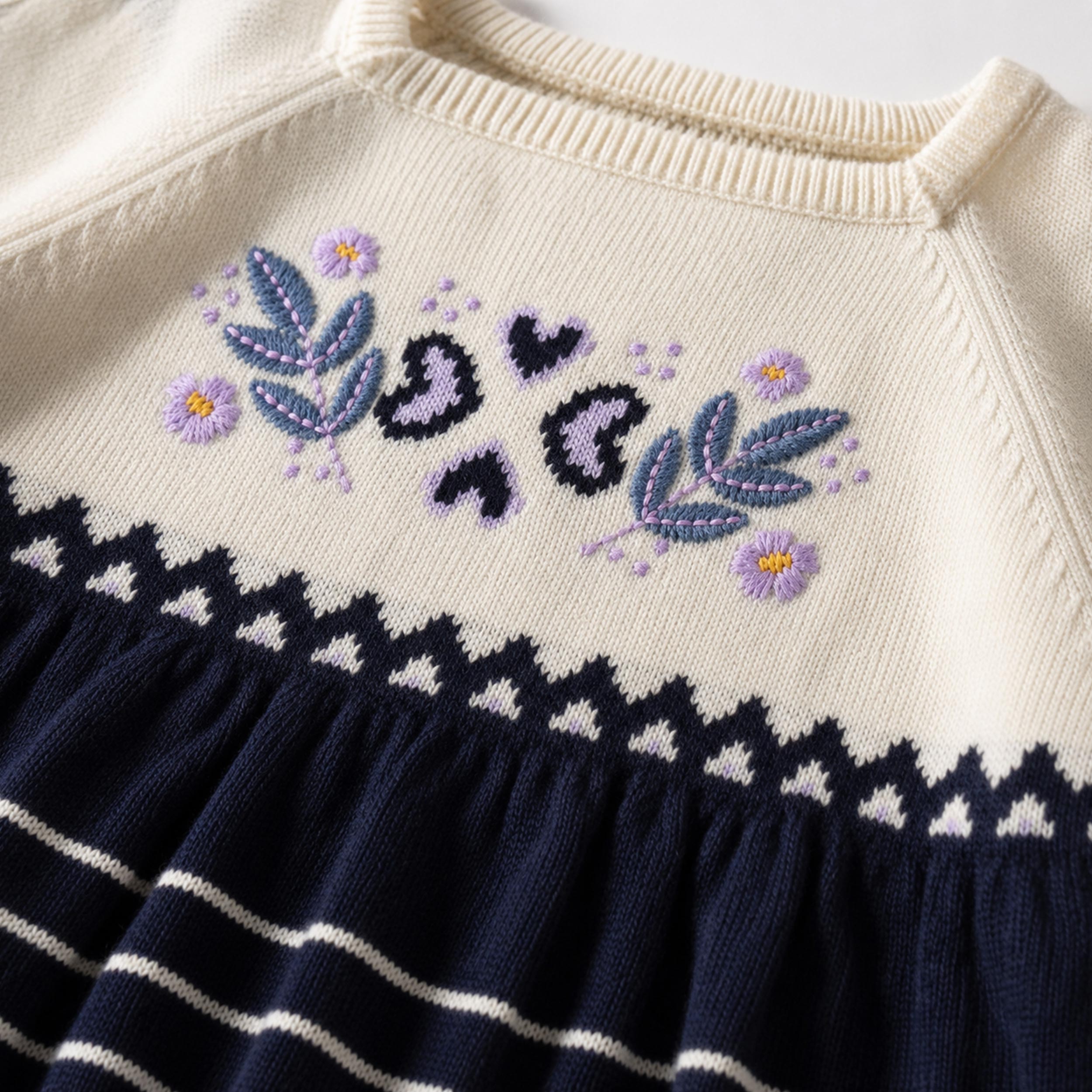 Zoom détails de la robe crème et bleu foncé en tricot  à rayures, bébé 
