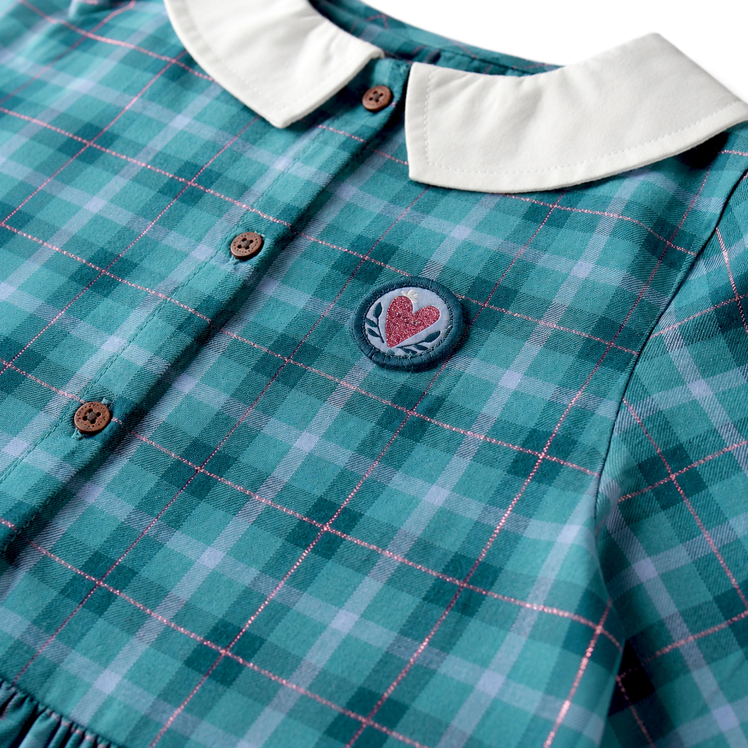 Zoom de la robe turquoise à carreaux en flanelle, enfant 