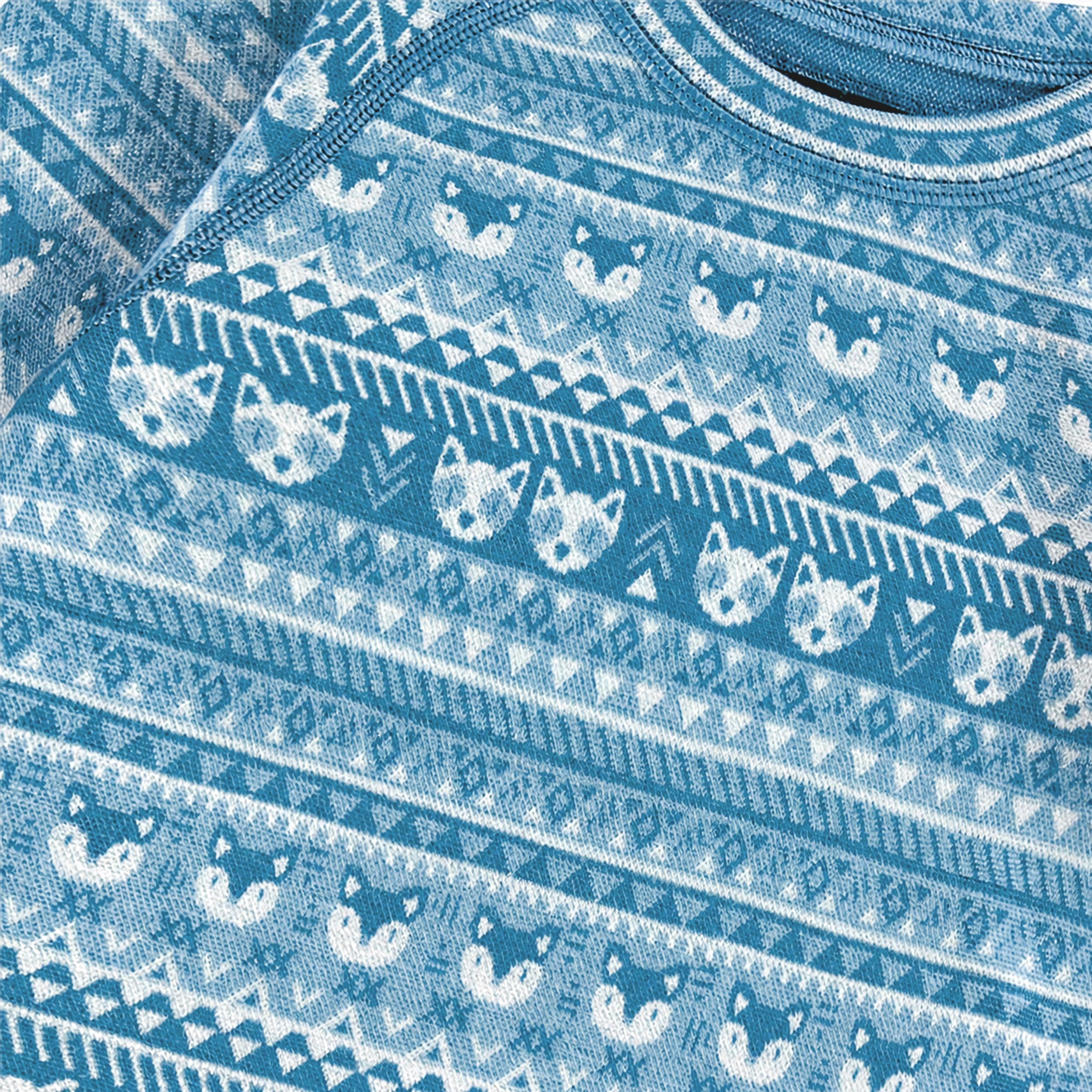 Zoom détails du chandail bleu en laine mérinos à motifs, enfant 
