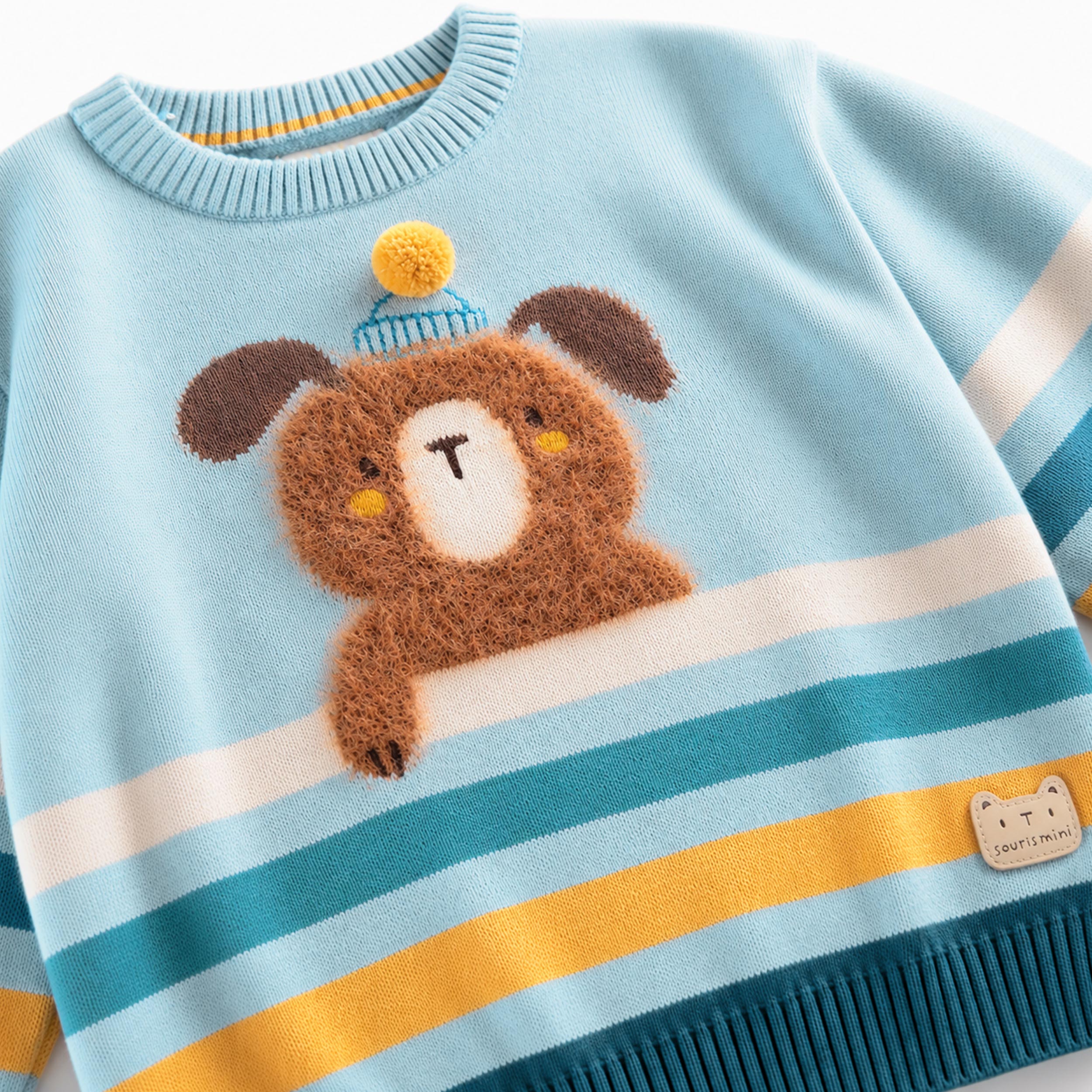 Zoom détails du chandail de maille bleu avec illustration, bébé 