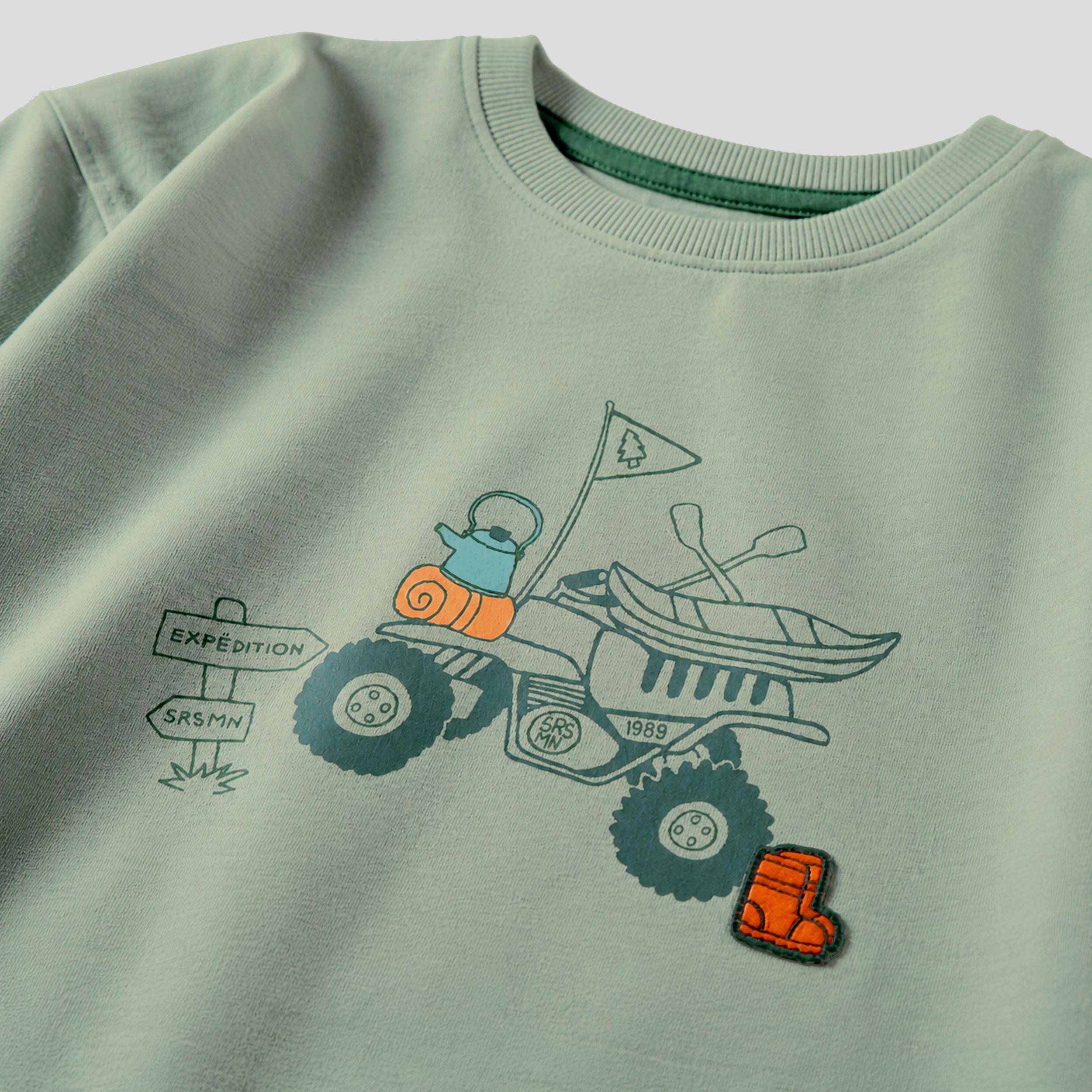 Zoom détails du T-shirt vert à illustration, enfant 