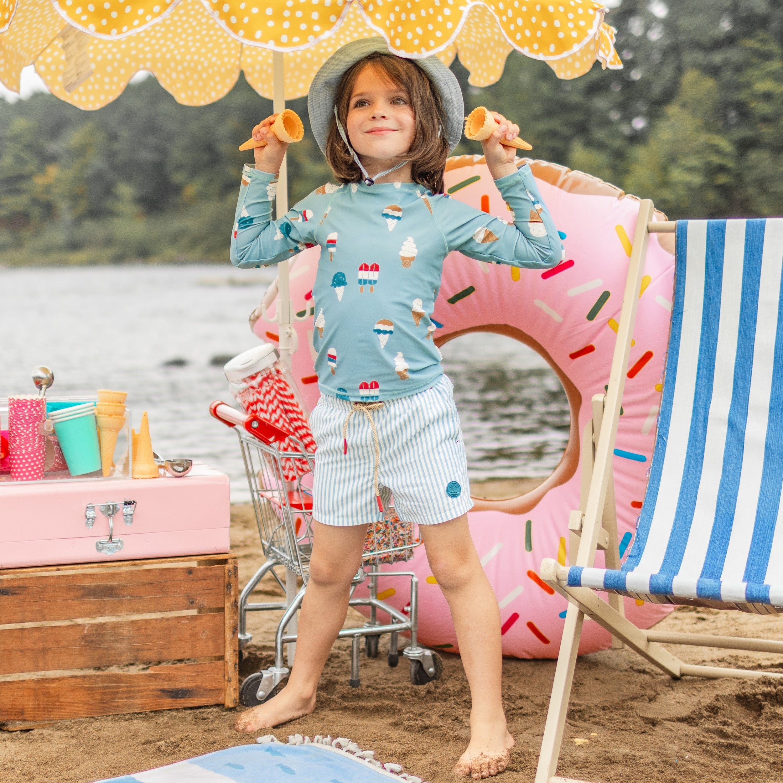Blue long sleeves swim t-shirt with icy treat print, child