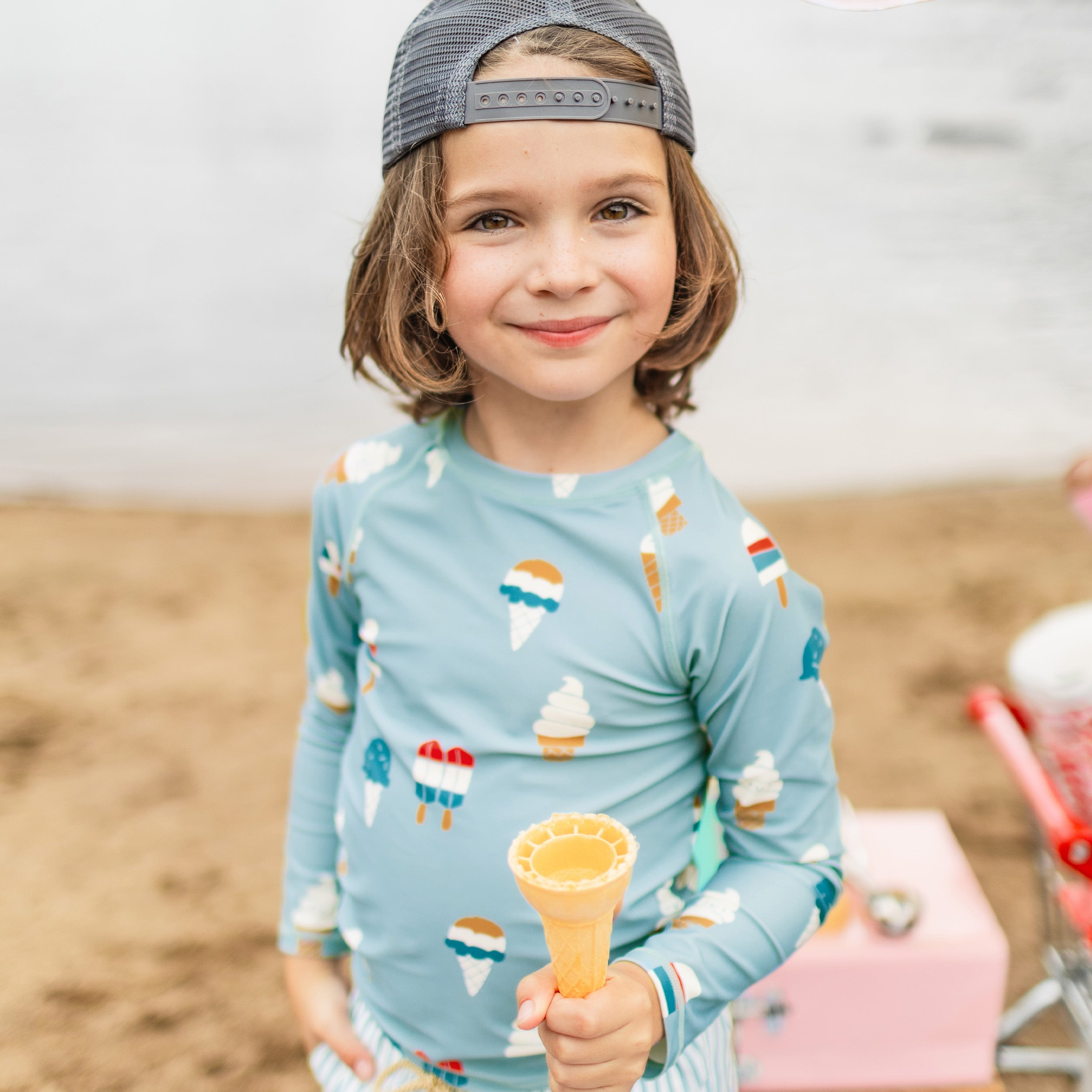 Blue long sleeves swim t-shirt with icy treat print, child