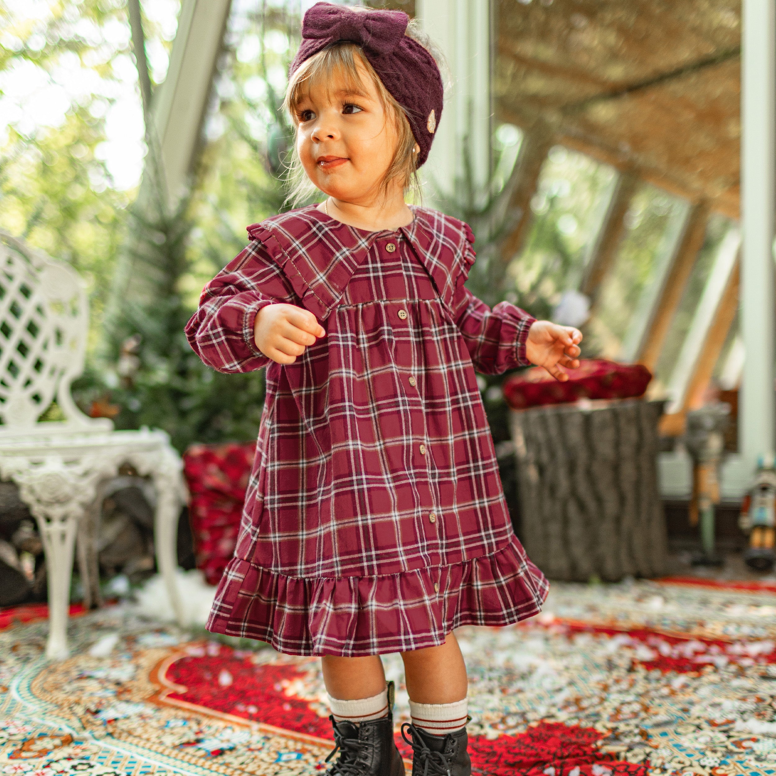 Red and white plaid pattern dress in brushed flannel, baby